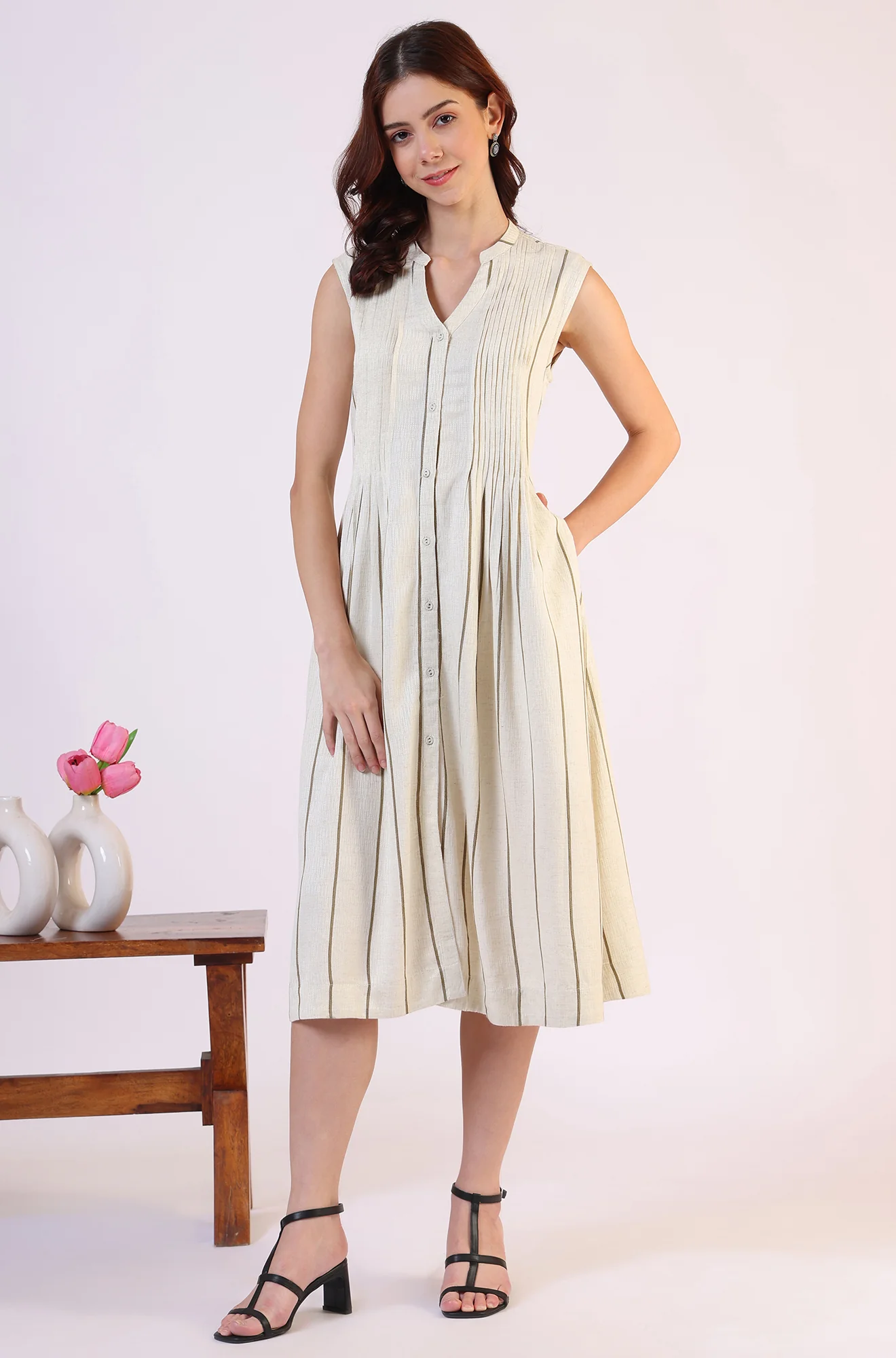 Off -White Striped Cotton Blend Flared Western Dress - Image 5