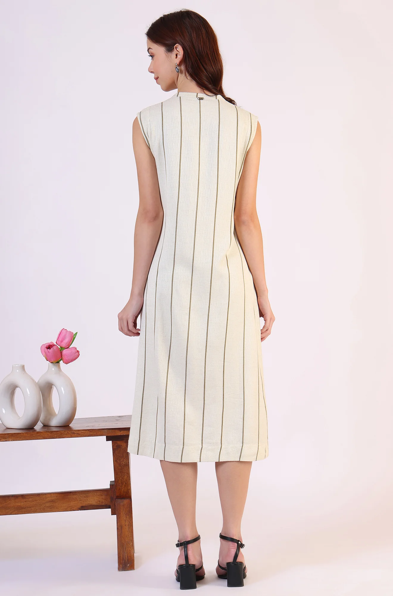 Off -White Striped Cotton Blend Flared Western Dress - Image 6