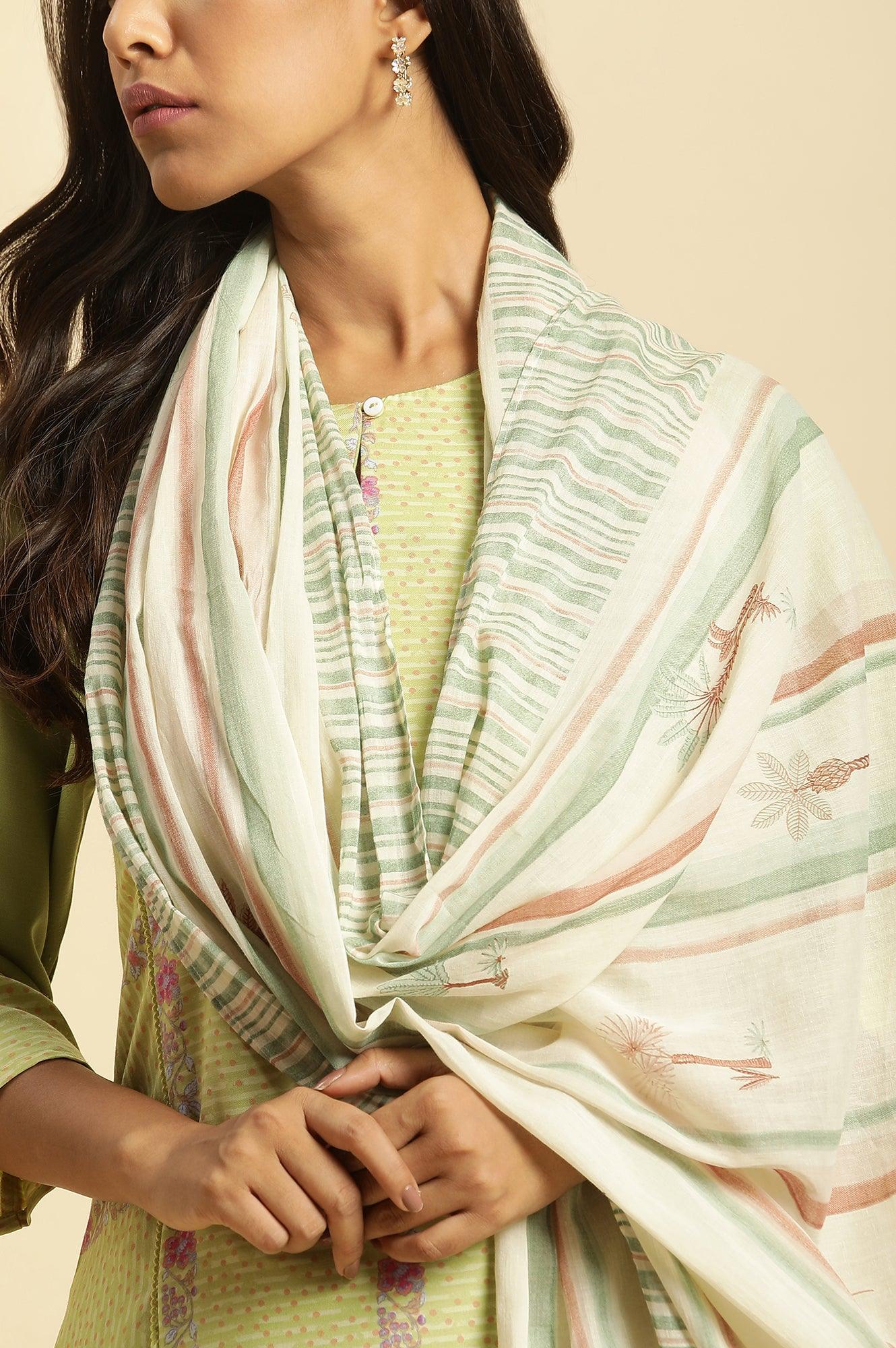 Off White Striped Printed Dupatta - Image 4