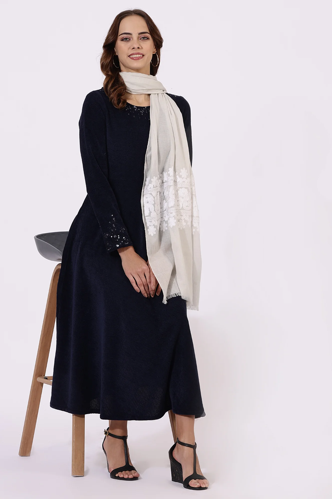 Off-White Thread Embroidered Pure Cotton Shawls - Image 2