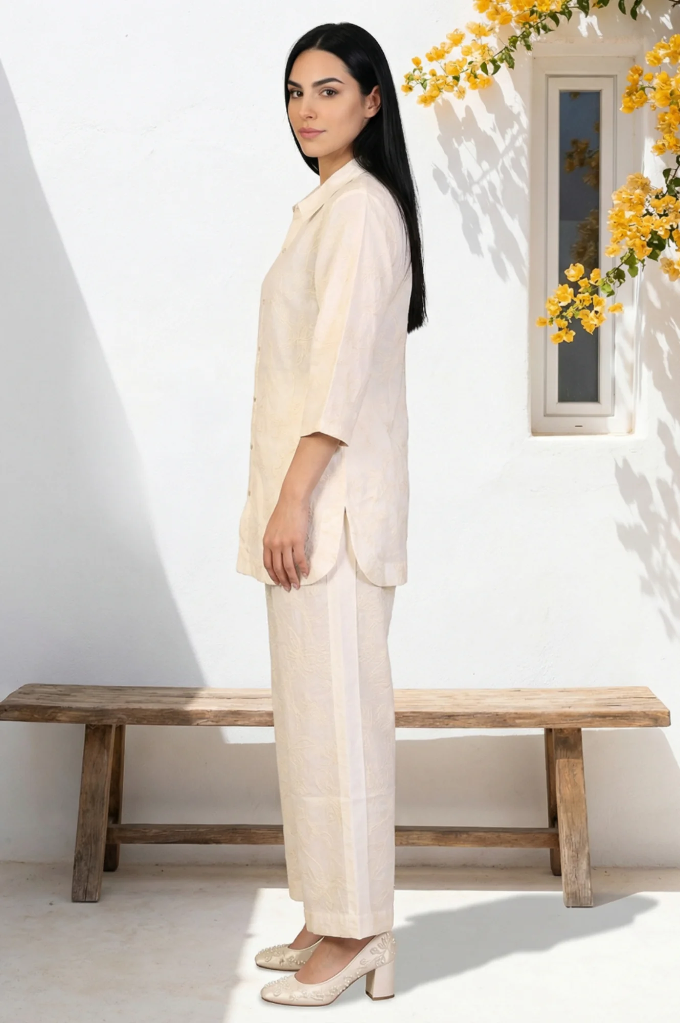 Off White Thread Embroidered Pure Cotton Straight Shirt and Parallel Pants Co-ord Set - Image 3