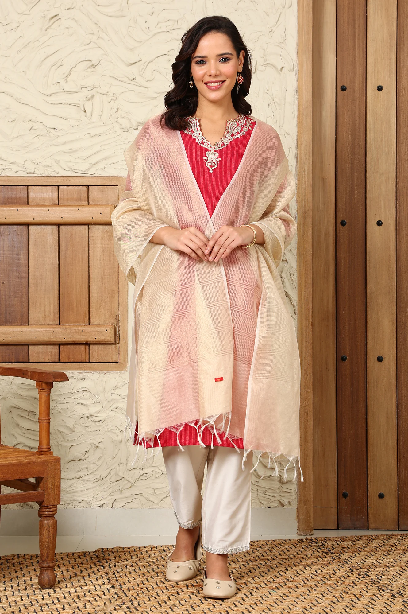 Off-White Yarn-Dyed Festive Tissue Fabric Dupatta - Image 2