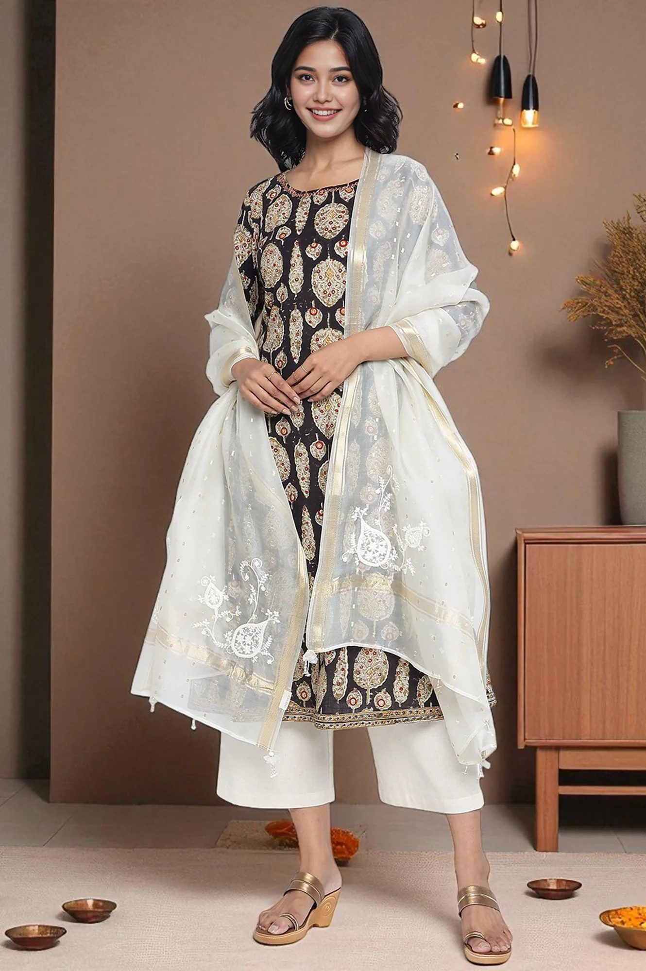 Off White Yarn Dyed Silk Organza Jacquard Dupatta - Image 2