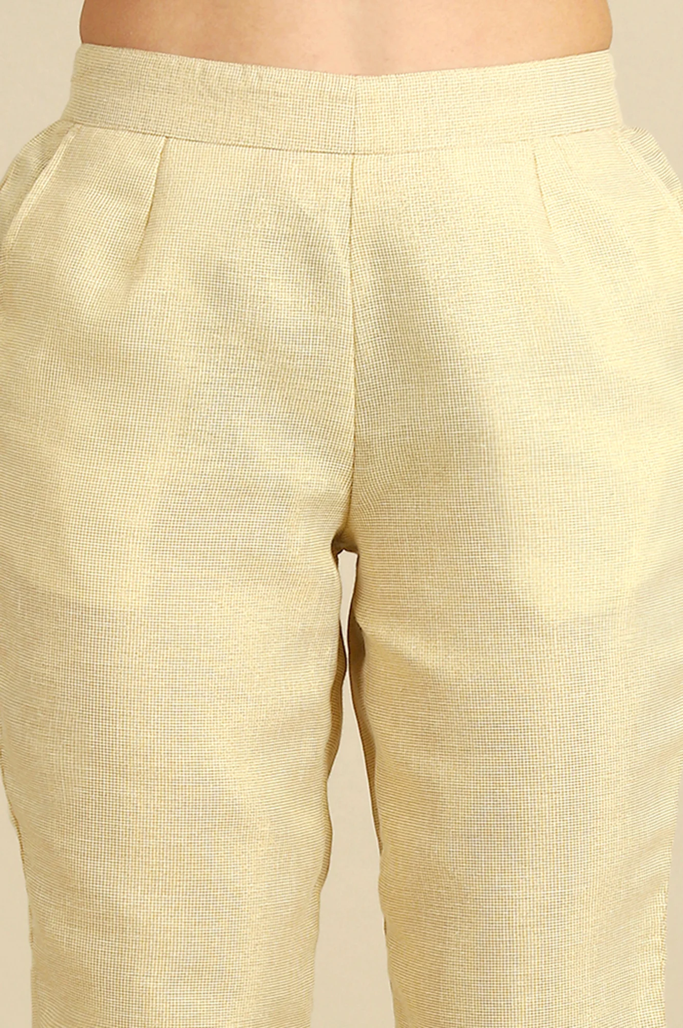 Off White Yarn Dyed Straight Fit Cotton Blend Trousers With Zari Detailing - Image 3