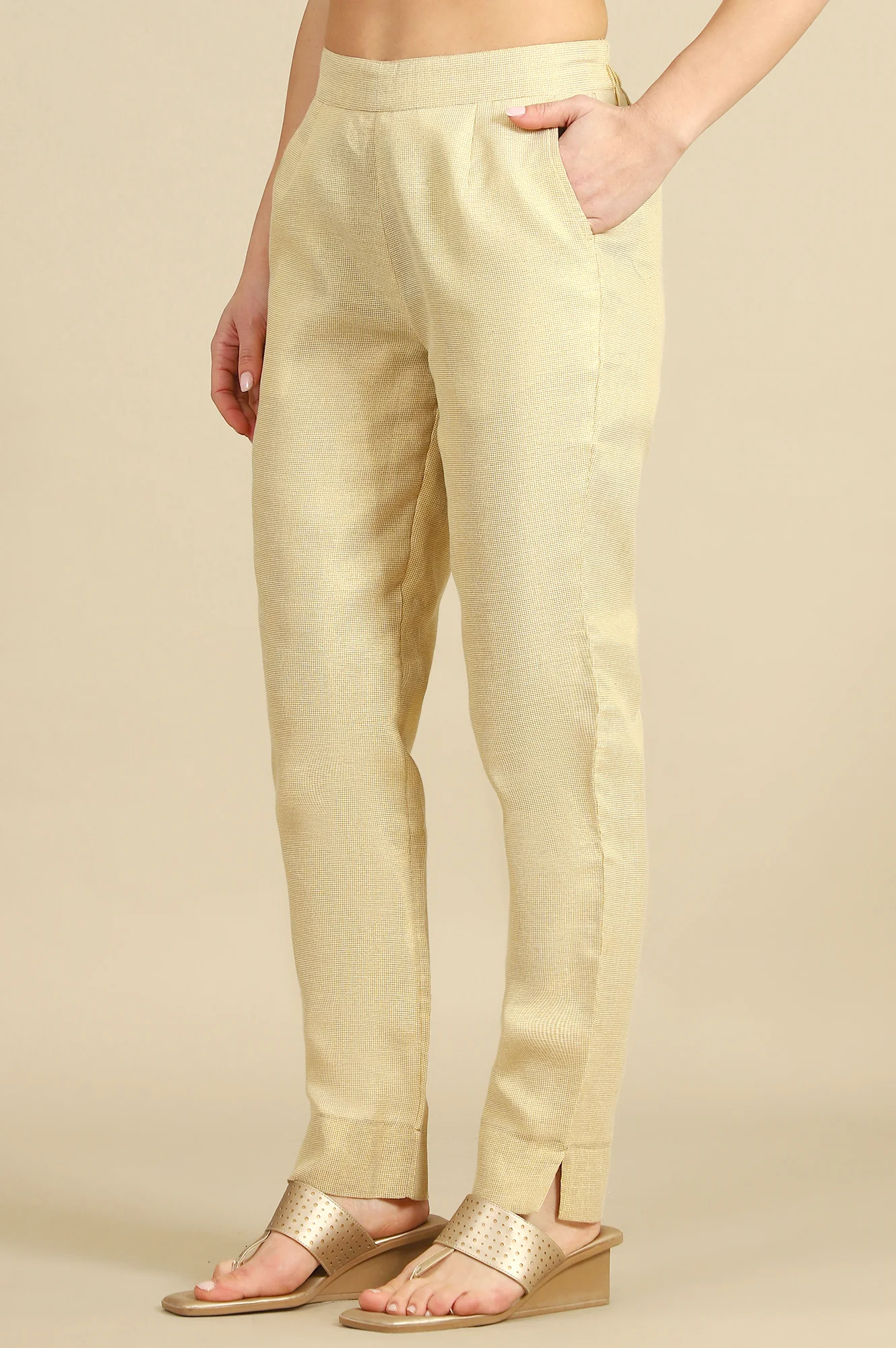 Off White Yarn Dyed Straight Fit Cotton Blend Trousers With Zari Detailing - Image 4
