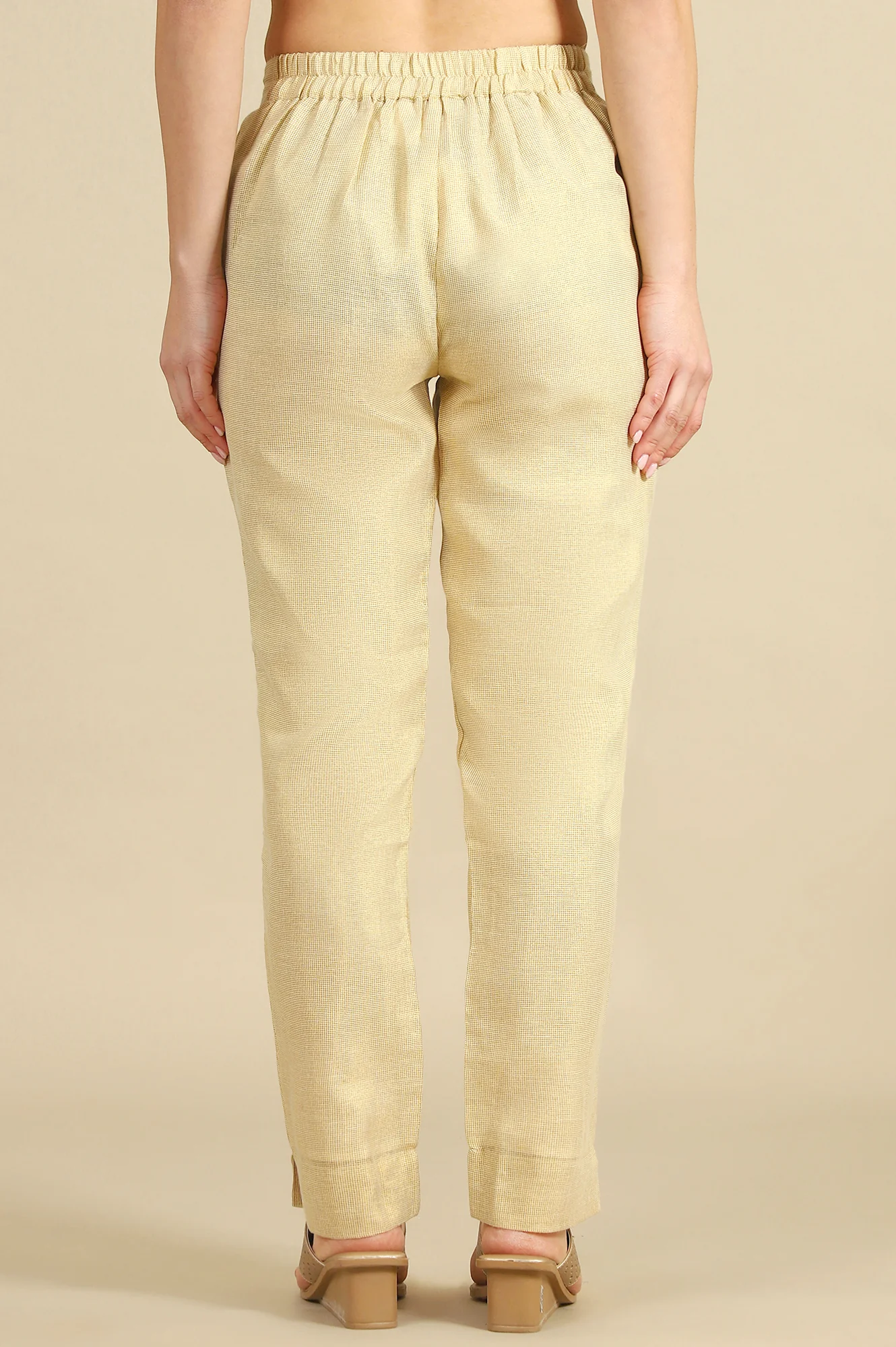 Off White Yarn Dyed Straight Fit Cotton Blend Trousers With Zari Detailing - Image 5