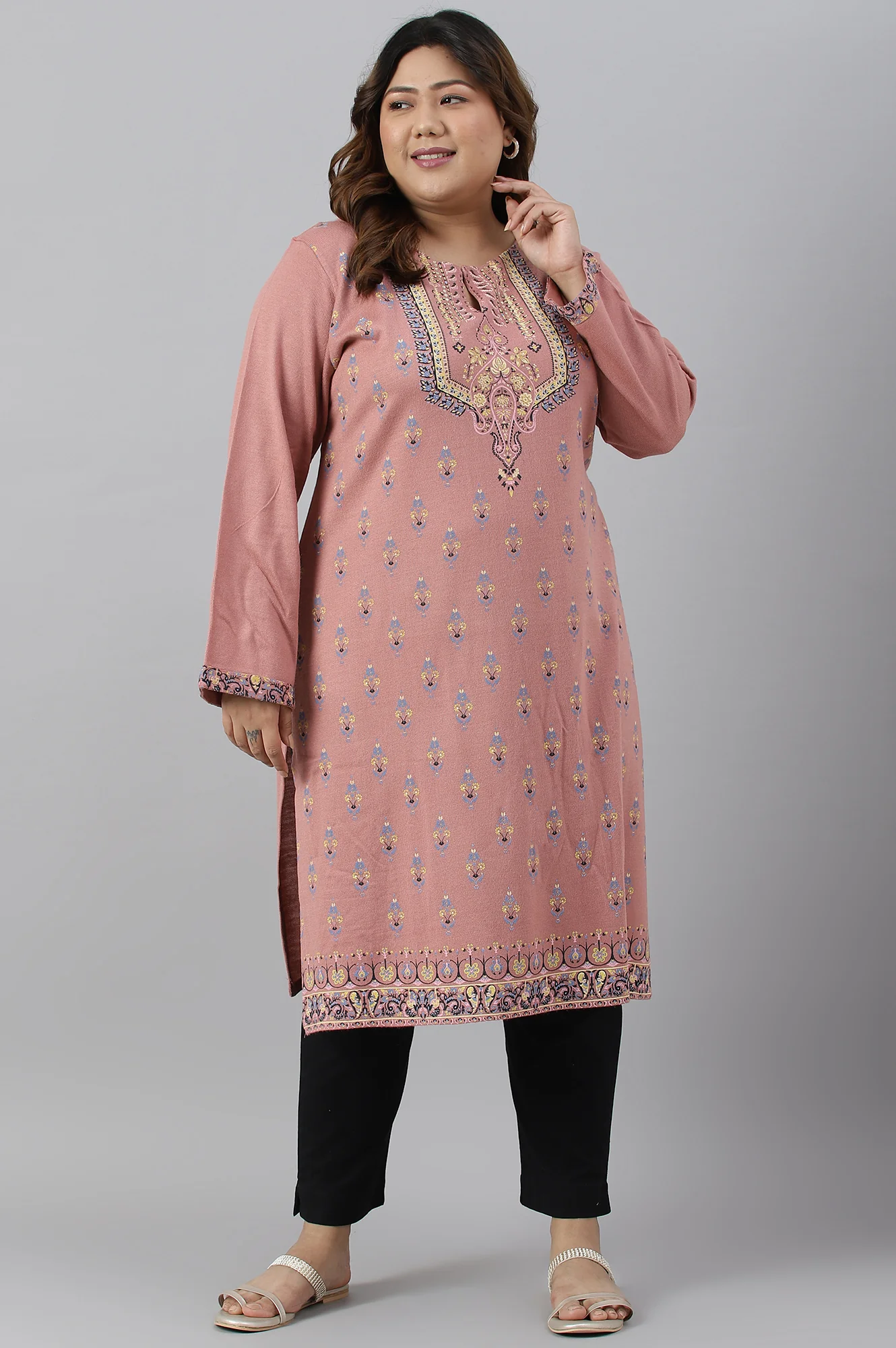 Old Rose Pink Floral Printed Plus Size Winter kurta - Image 6