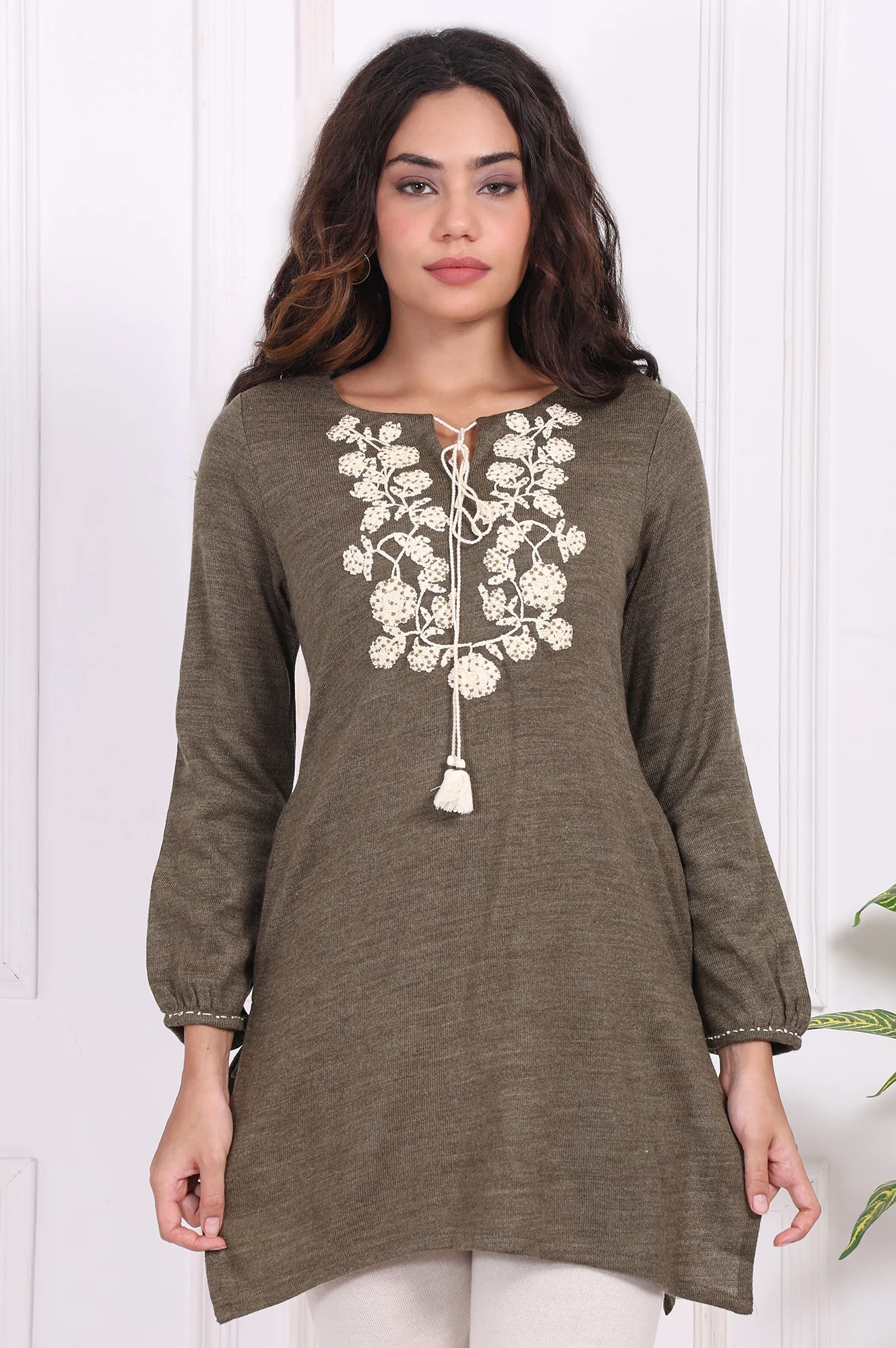Olive Embroidered Floral Tassel Straight Acrylic Tunic