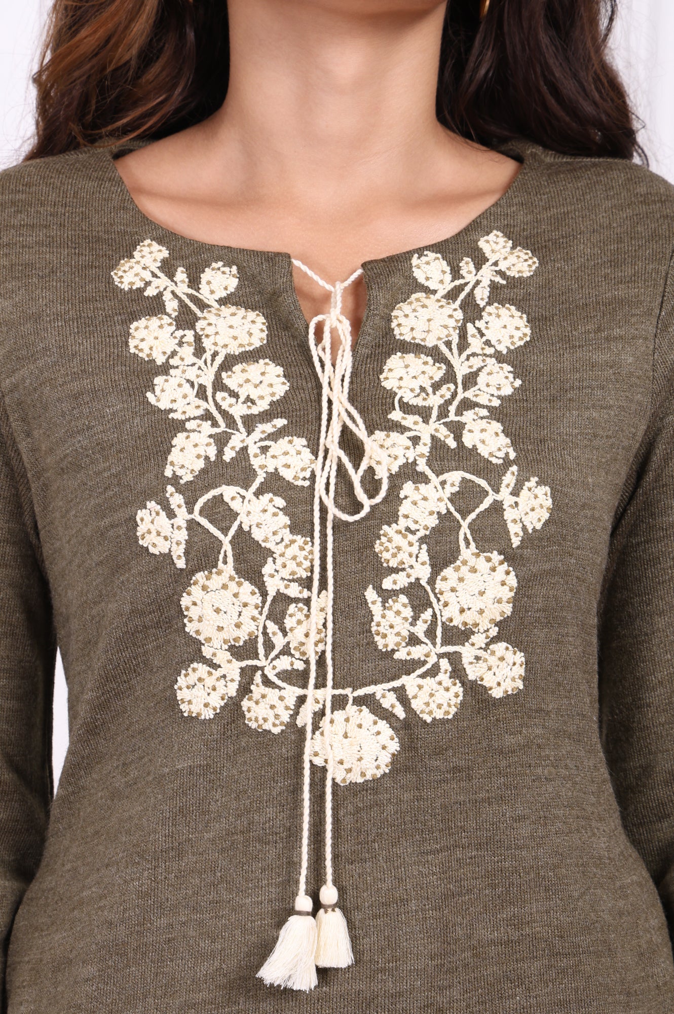 Olive Embroidered Floral Tassel Straight Acrylic Tunic - Image 3