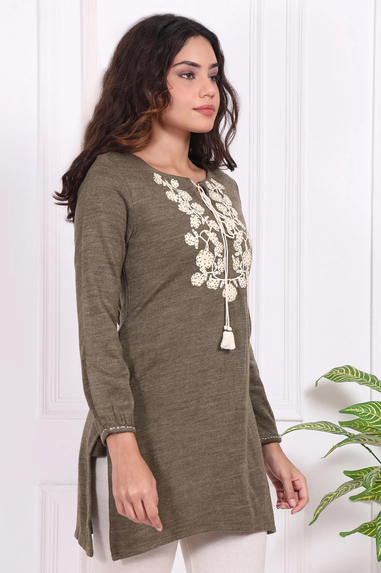 Olive Embroidered Floral Tassel Straight Acrylic Tunic - Image 6