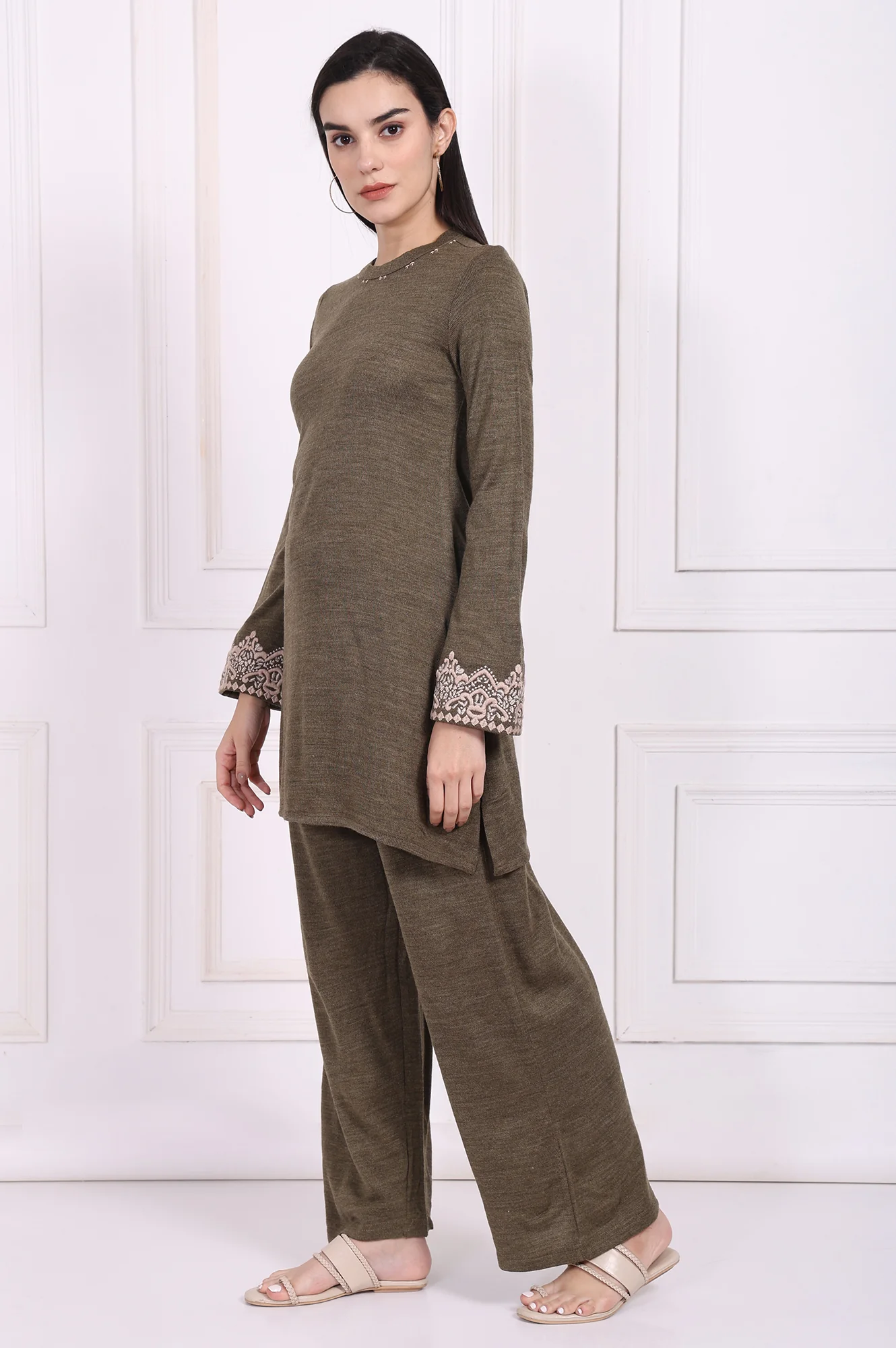 Olive Embroidered Straight Acrylic Kurta with Parallel Pant Set - Image 4