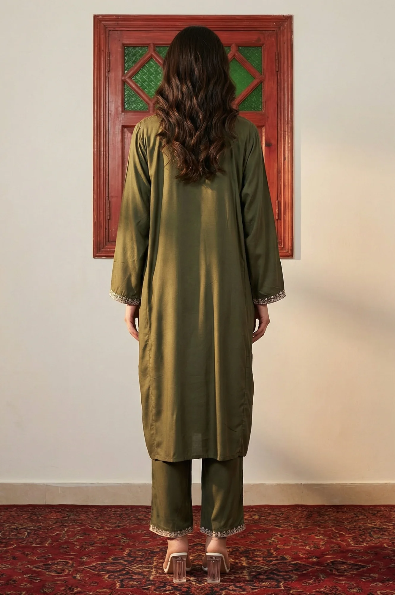 Olive Thread Embroidered Straight Kurta with Pants Set - Image 4