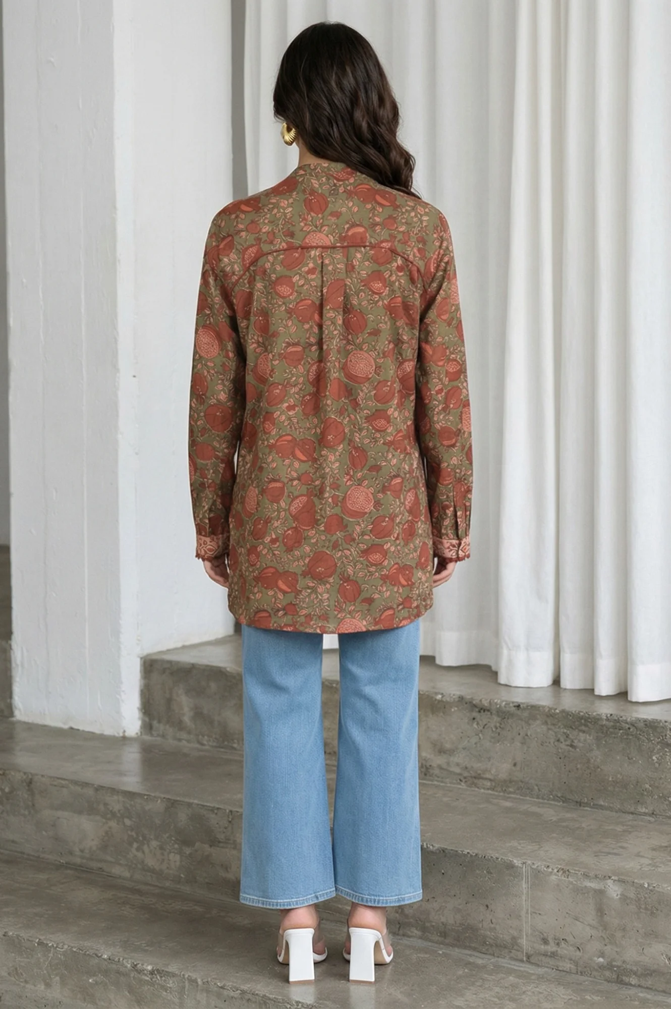 Olive Floral Printed Pure Cotton Straight Top - Image 4
