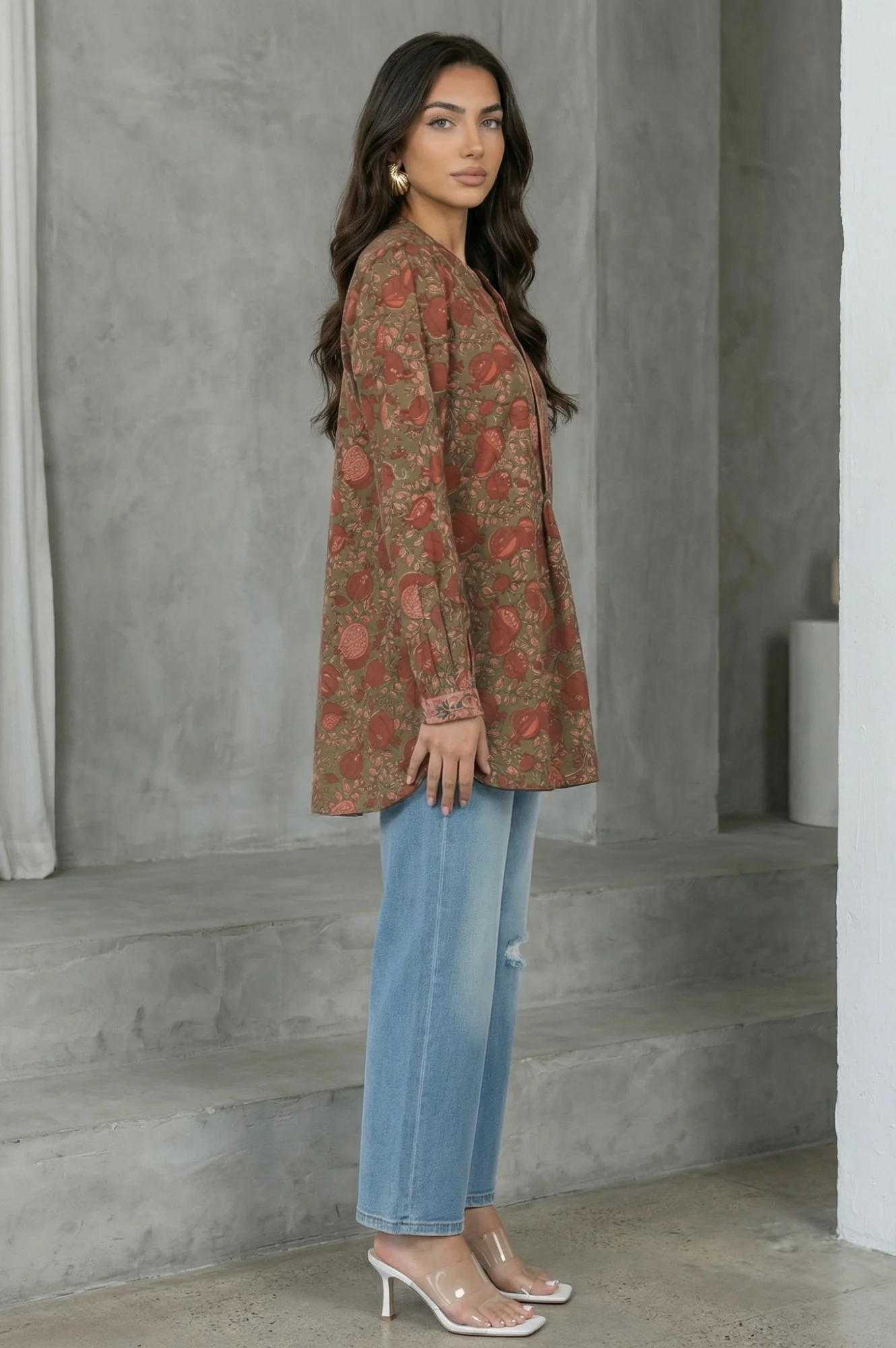 Olive Floral Printed Pure Cotton Straight Top - Image 5