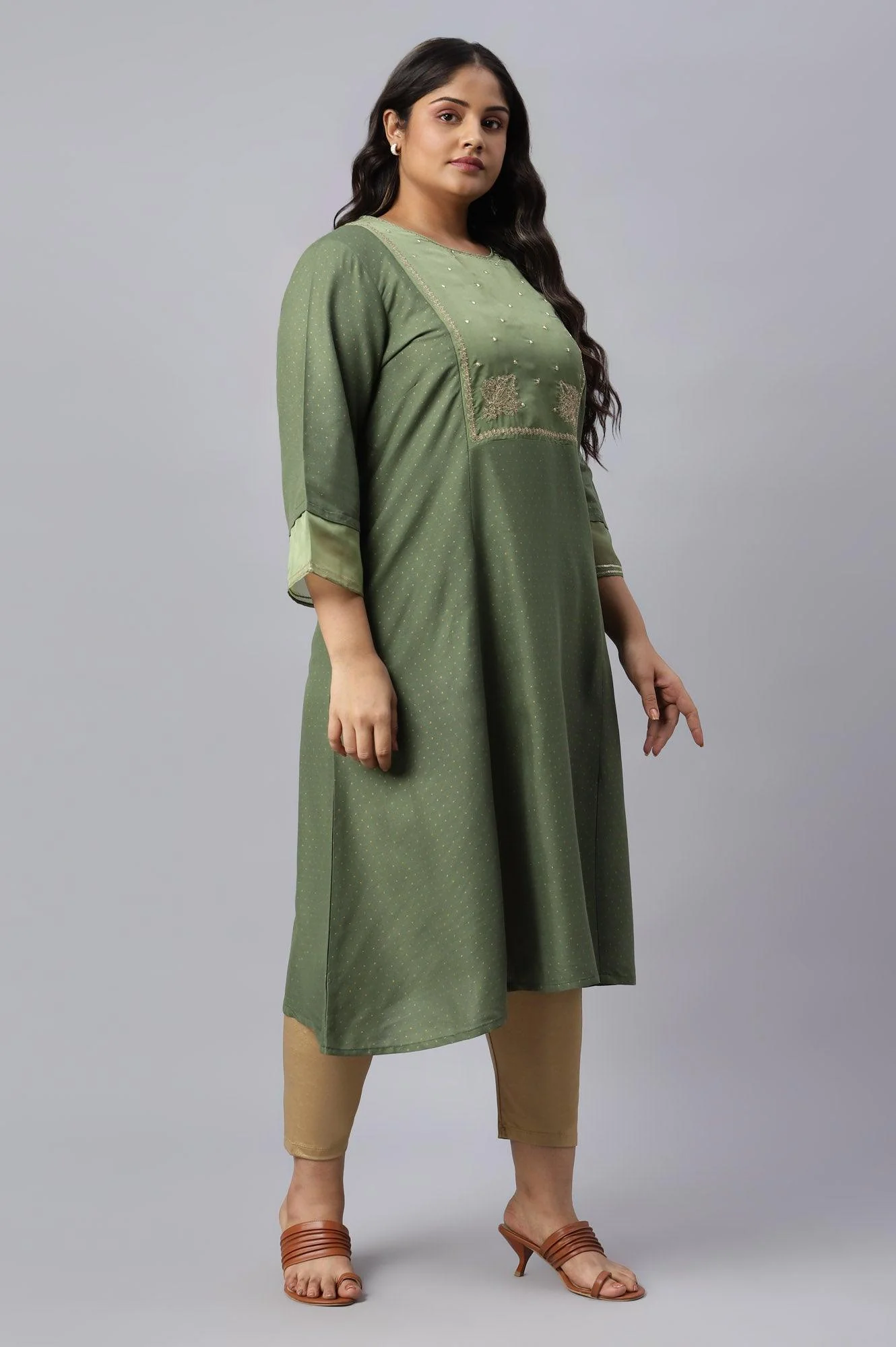 Olive Green A-Line Embroidered Plus Size kurta With Sequins - Image 4