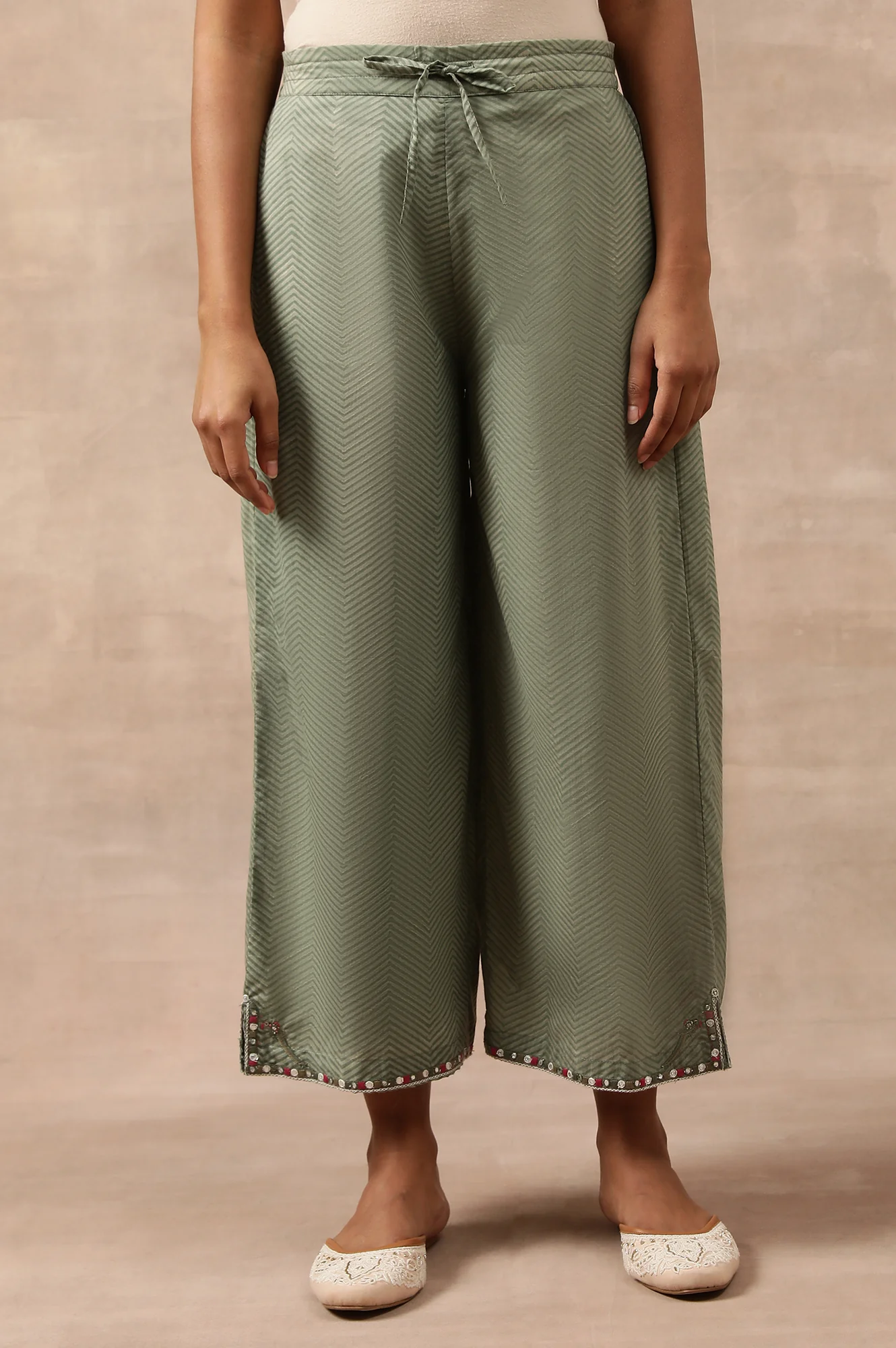 Olive Green Chevron Print Parallel Pants