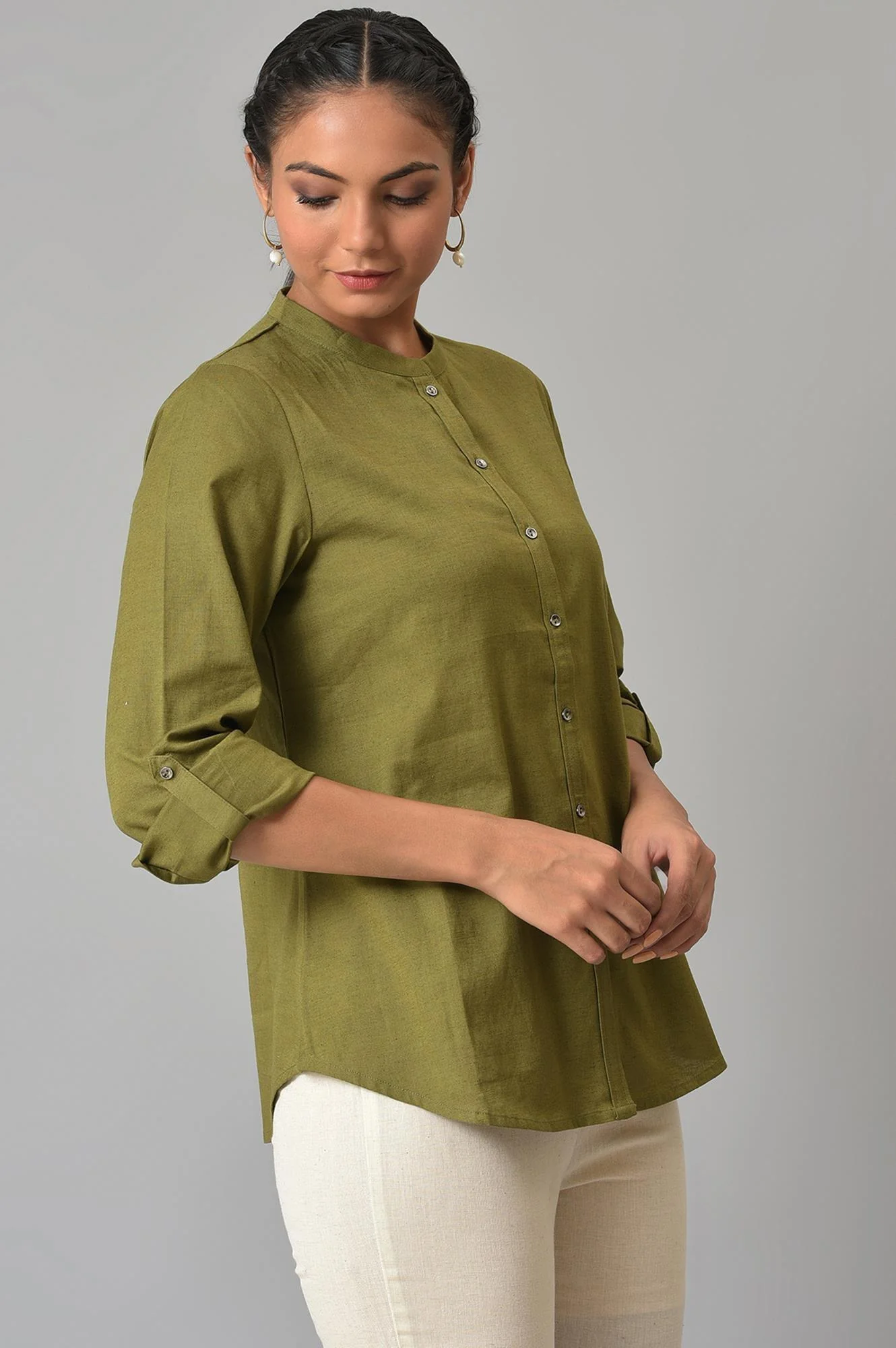 Olive Green Cotton Flax Button Down Top - Image 4