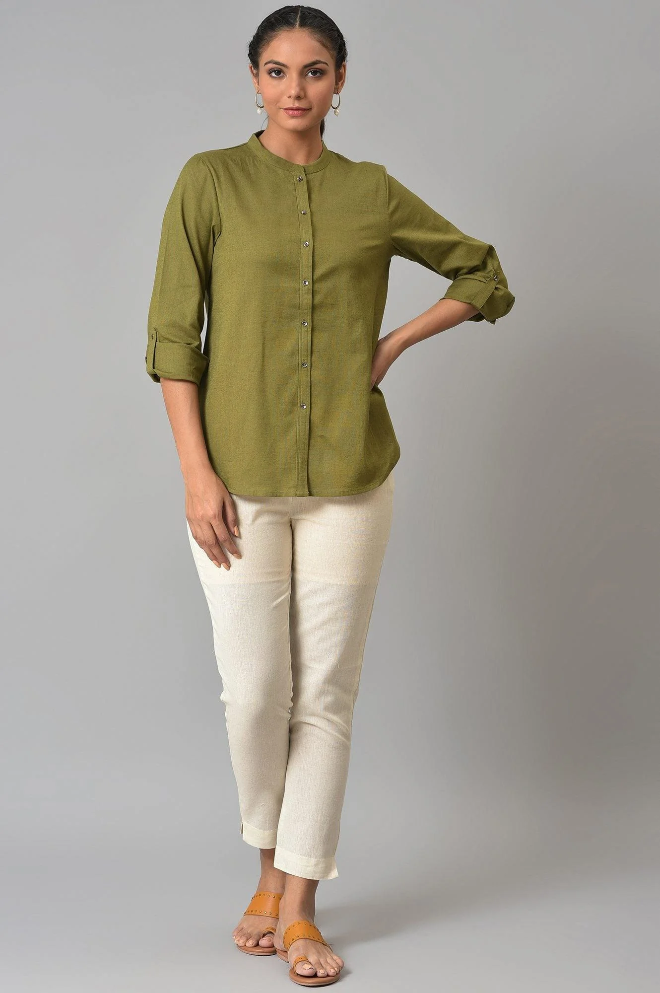 Olive Green Cotton Flax Button Down Top - Image 6