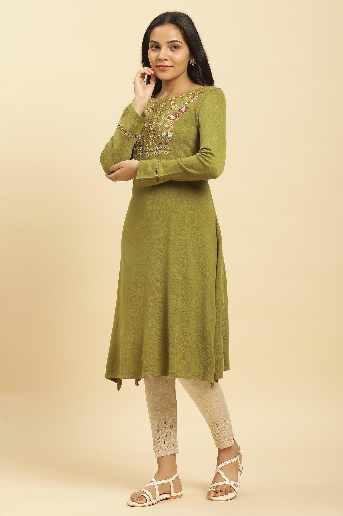 Olive Green Embroidered Acrylic Winter Kurta - Image 3