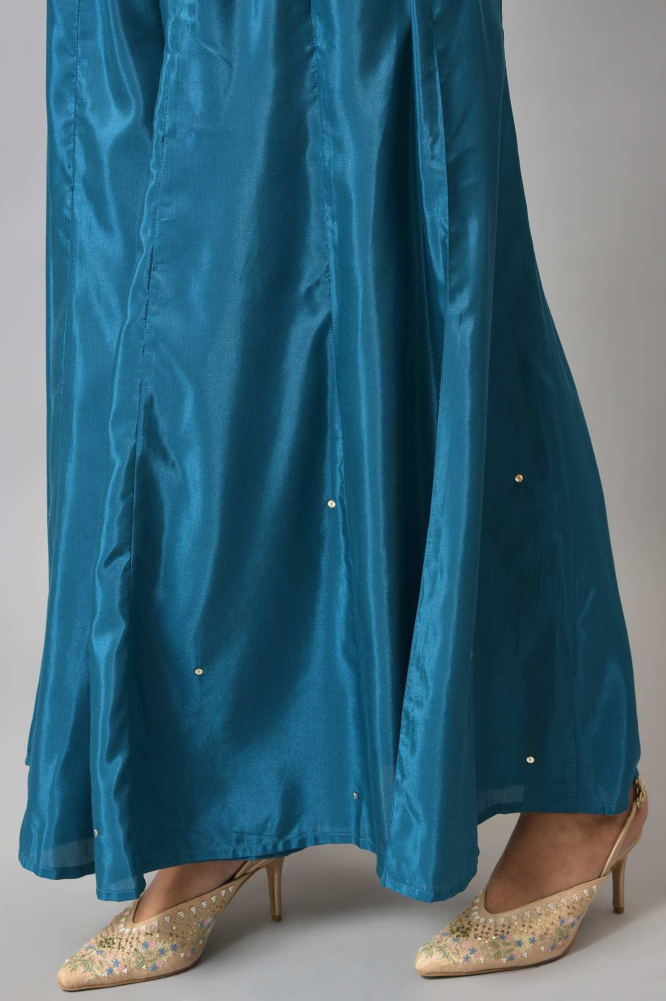 Olive Green Embroidered kurta With Teal Flared Pants And Dupatta - Image 8