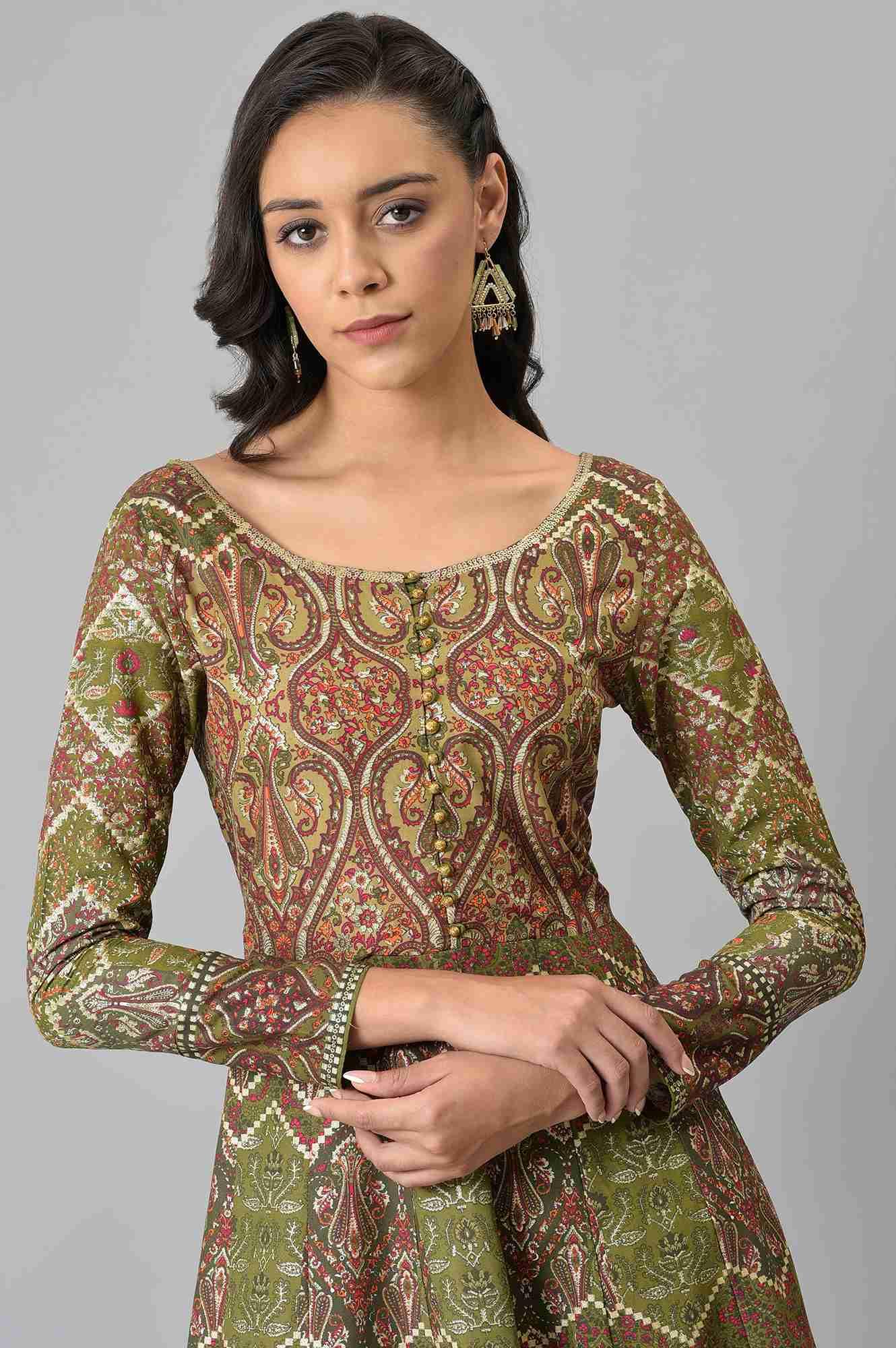 Olive Green Glitter Print Dress - Image 6