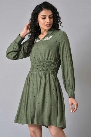 Olive Green Hand Embroidered Short Dress - Image 3