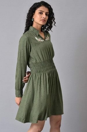 Olive Green Hand Embroidered Short Dress - Image 4