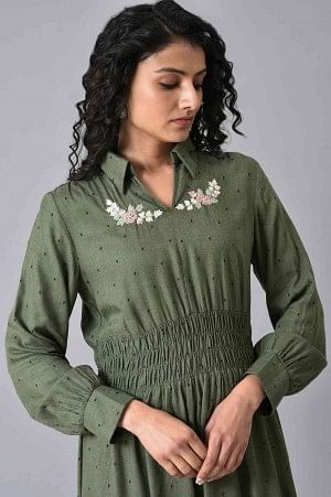 Olive Green Hand Embroidered Short Dress - Image 5