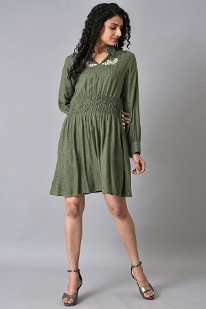 Olive Green Hand Embroidered Short Dress - Image 6