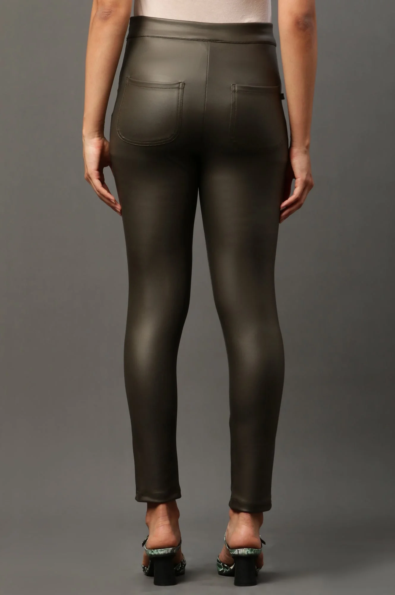 Olive Green Solid Slim-fit Knit Pants with Side Zip - Image 3