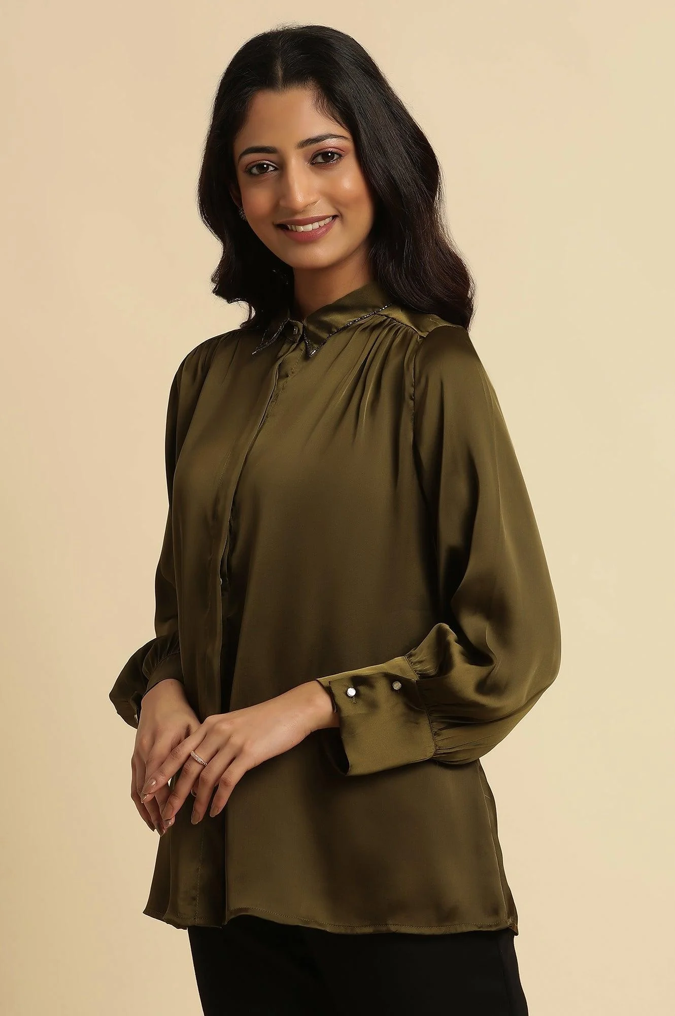 Olive Green Modal Satin Embellished Shirt - Image 2