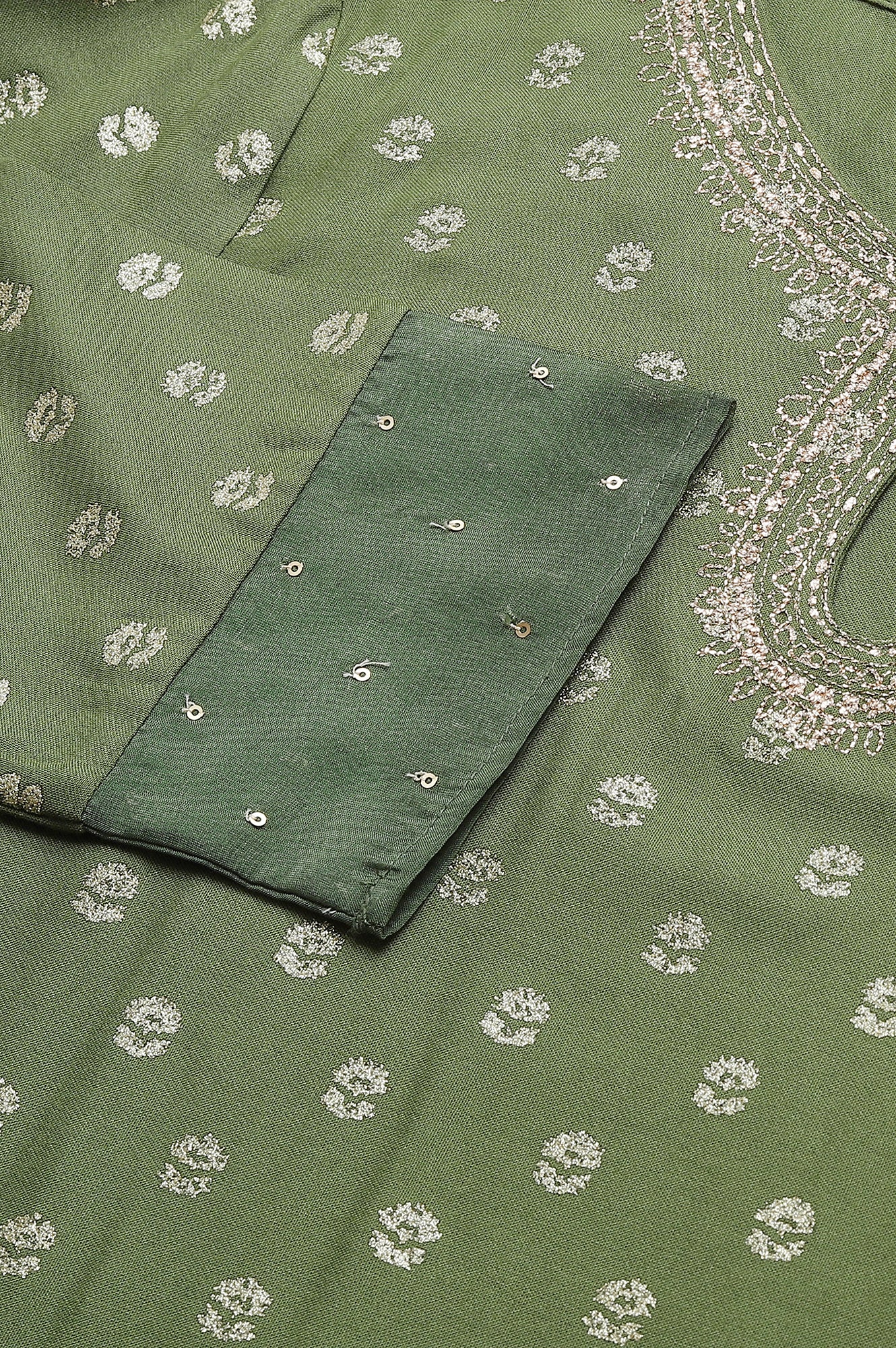 Olive Green Printed kurta With Embroidery And Sequins - Image 7