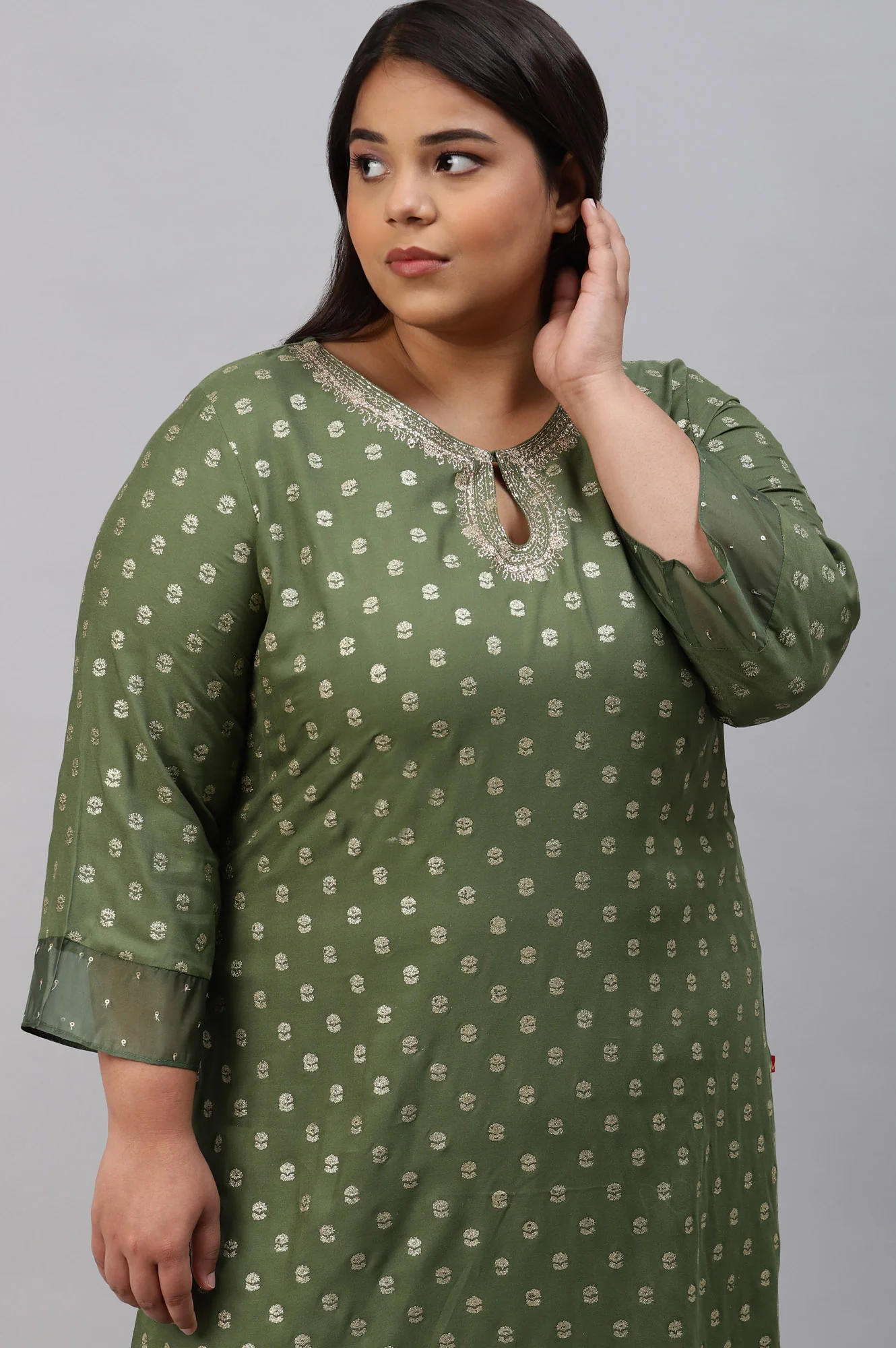 Olive Green Printed Plus Size kurta With Embroidery And Sequins - Image 5