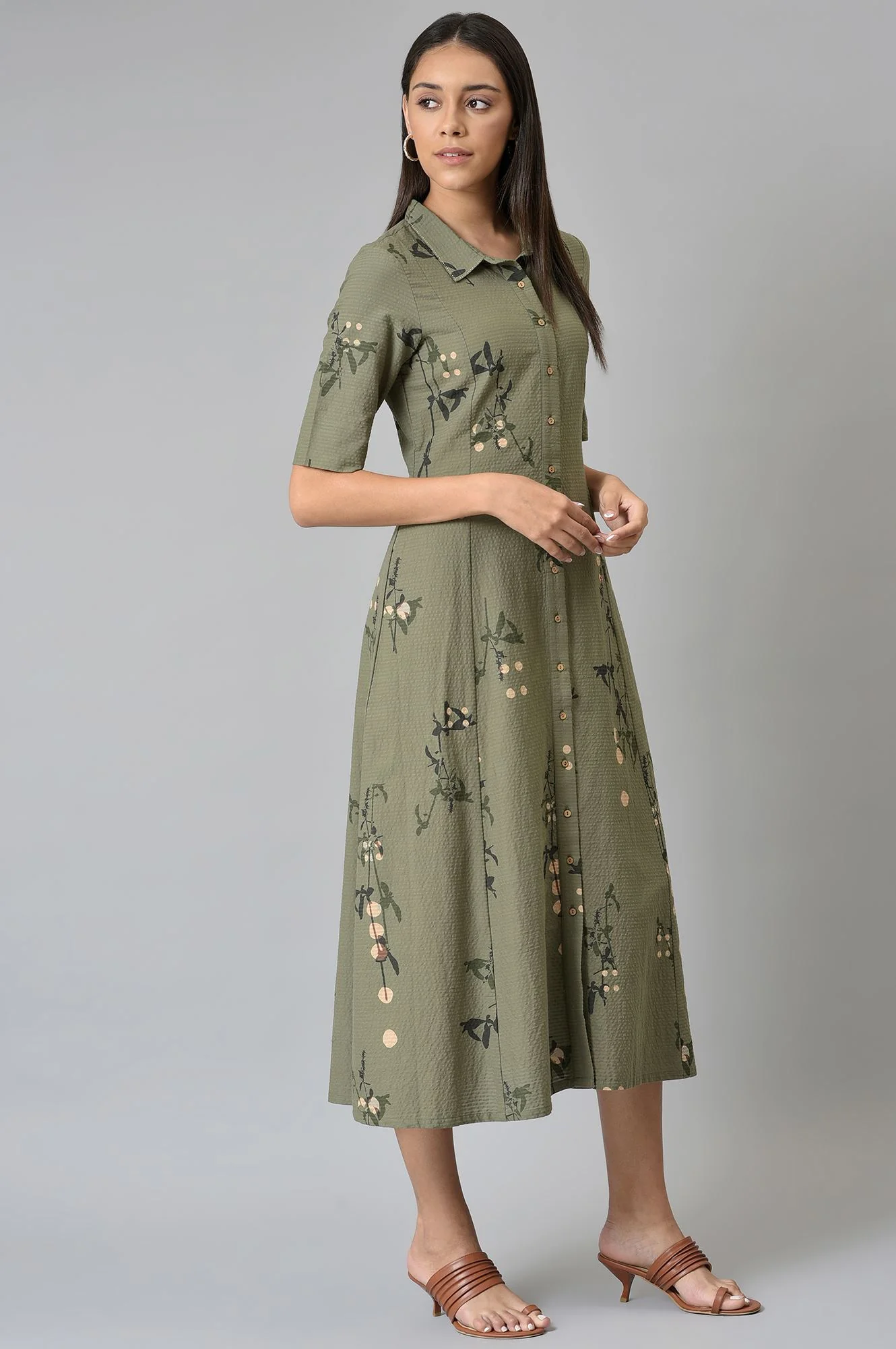 Olive Green Textured Cotton Long Dress - Image 4