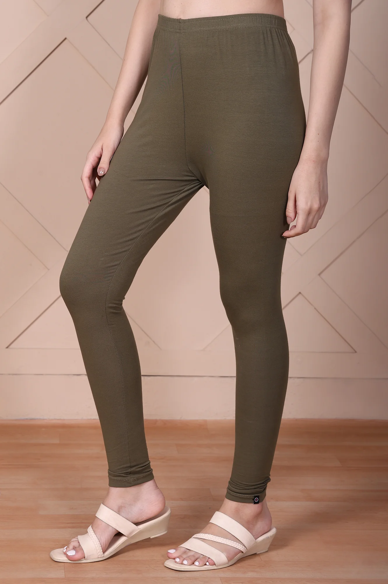 Olive Green Skinny Fit Ankle Length Cotton Tights - Image 2