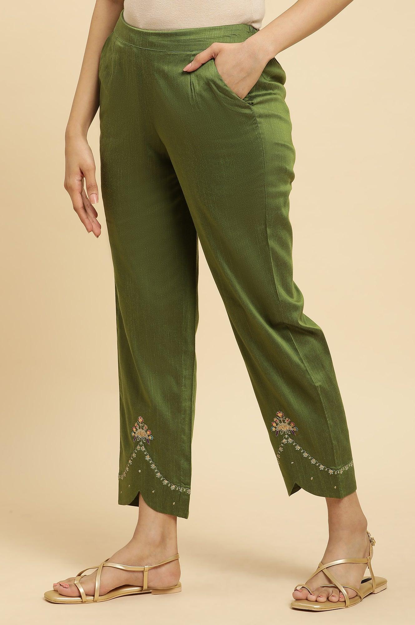 Olive Green Straight Pants With Embroidered Hemline - Image 2