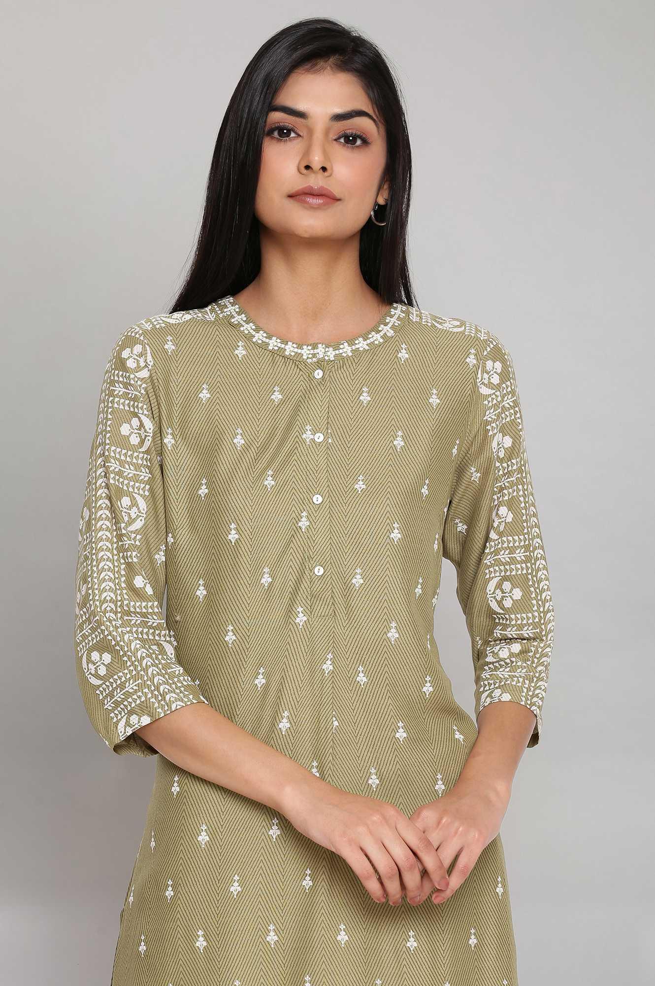 Olive Green Straight Printed kurta - Image 5
