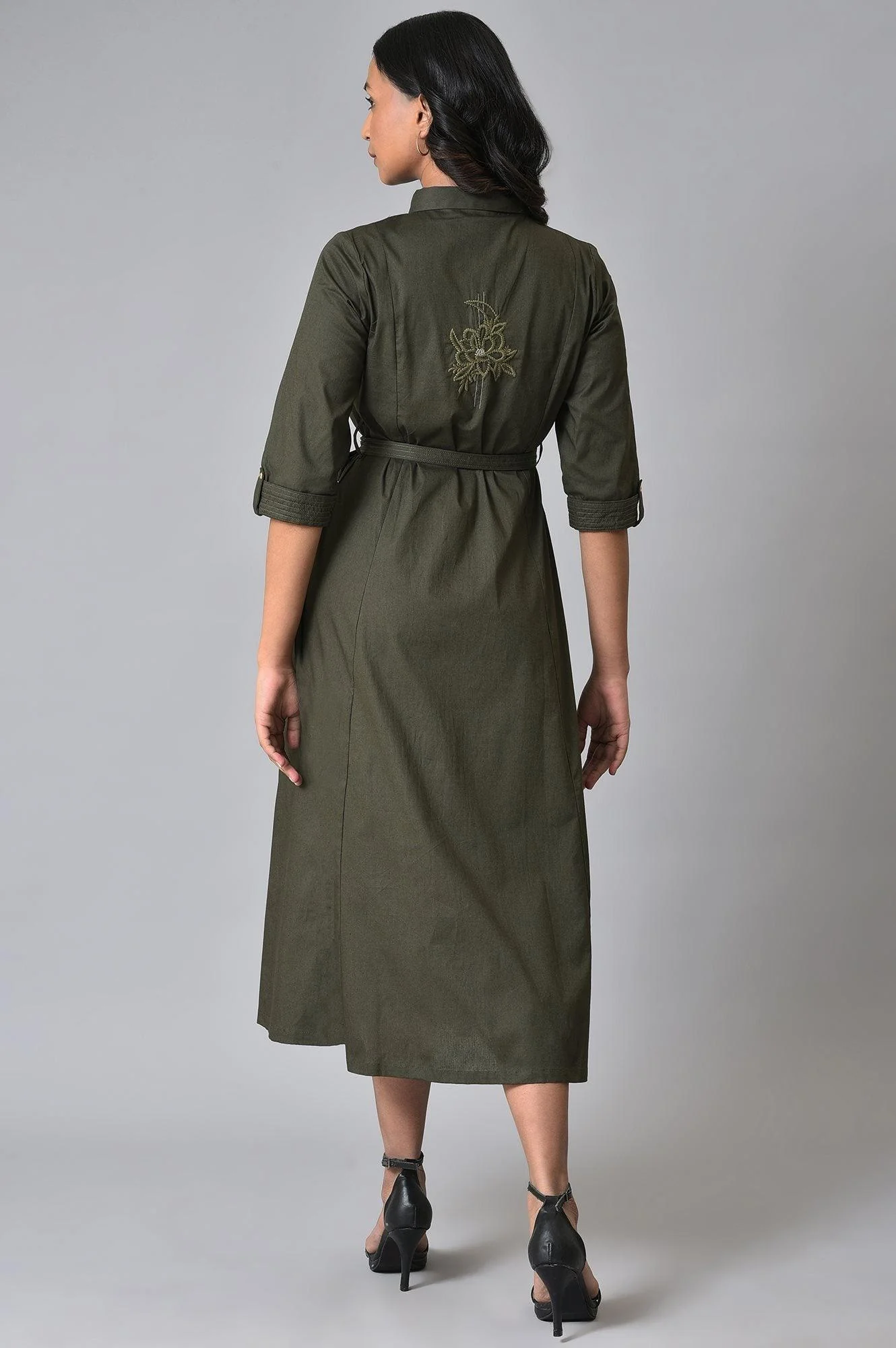 Olive Green Collared Belted Western Dress - Image 2