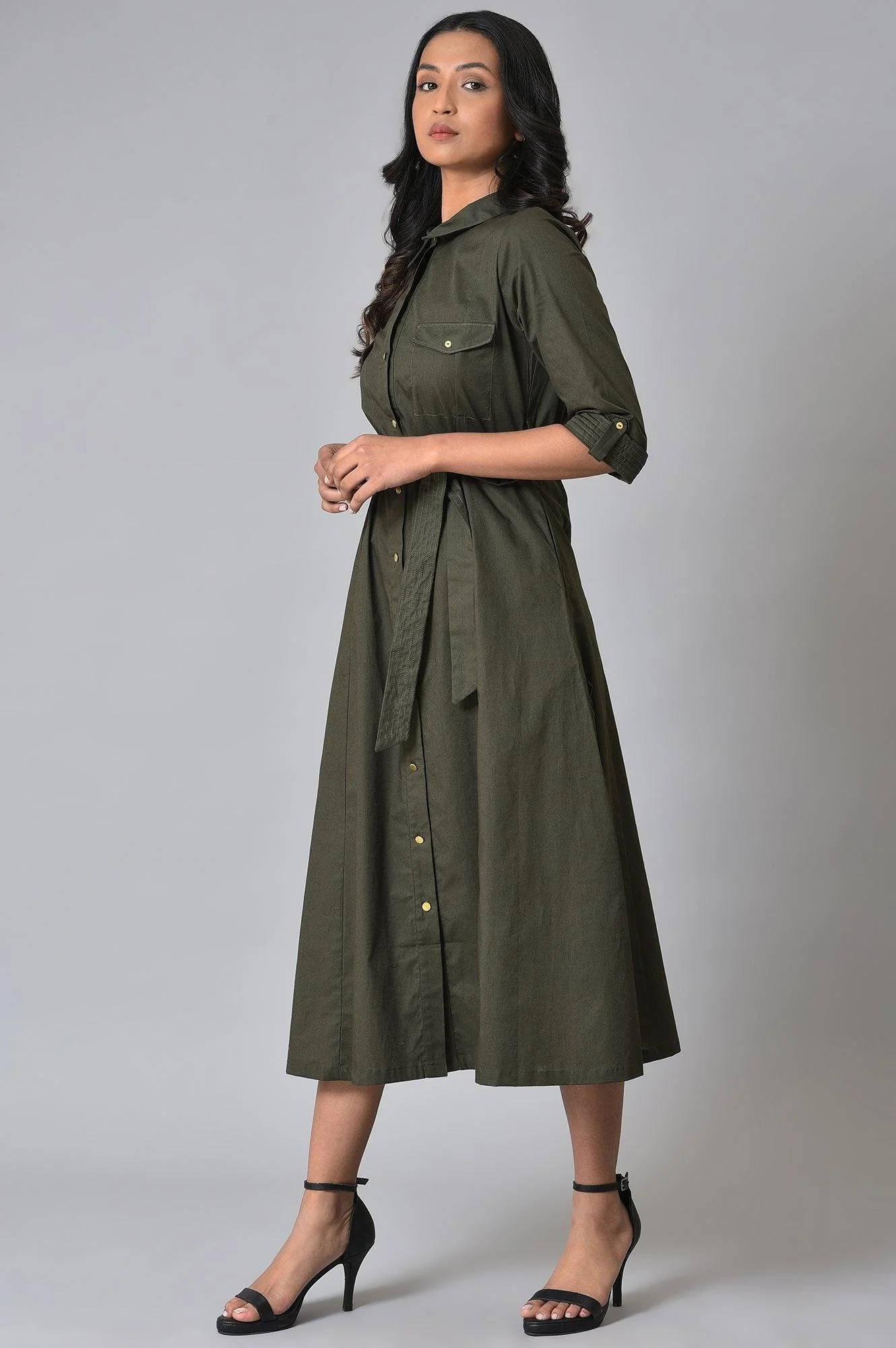 Olive Green Collared Belted Western Dress - Image 3