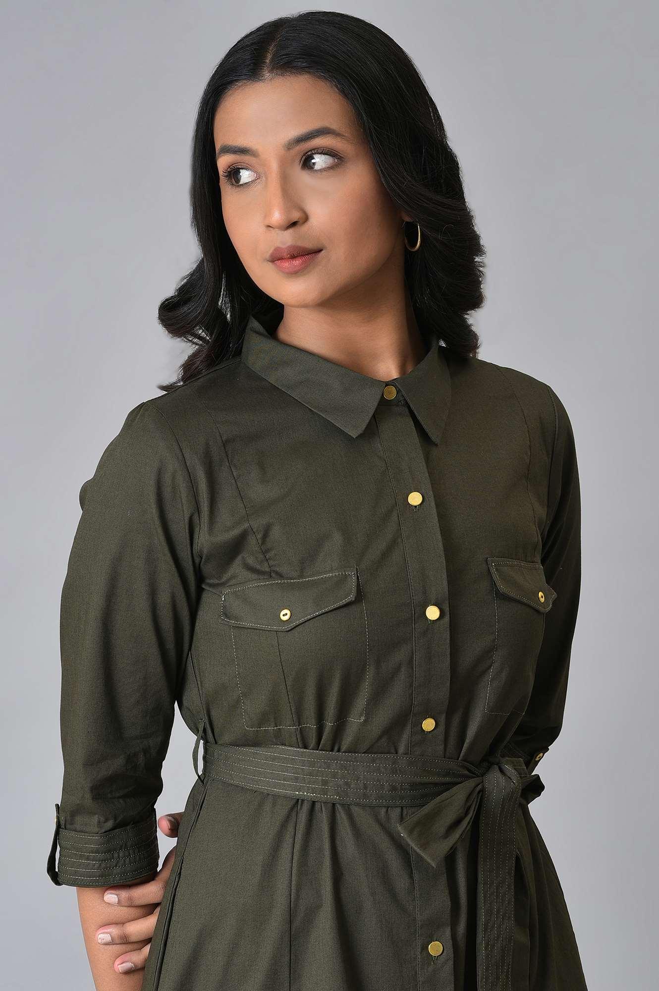 Olive Green Collared Belted Western Dress - Image 5