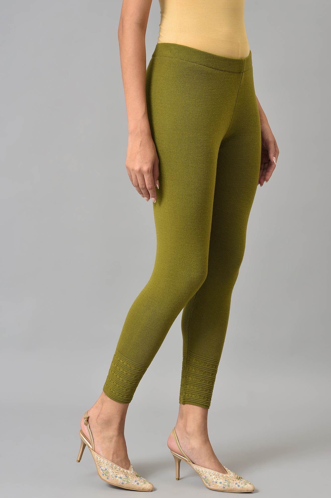 Olive Knitted Winter Leggings With Pintucks - Image 4