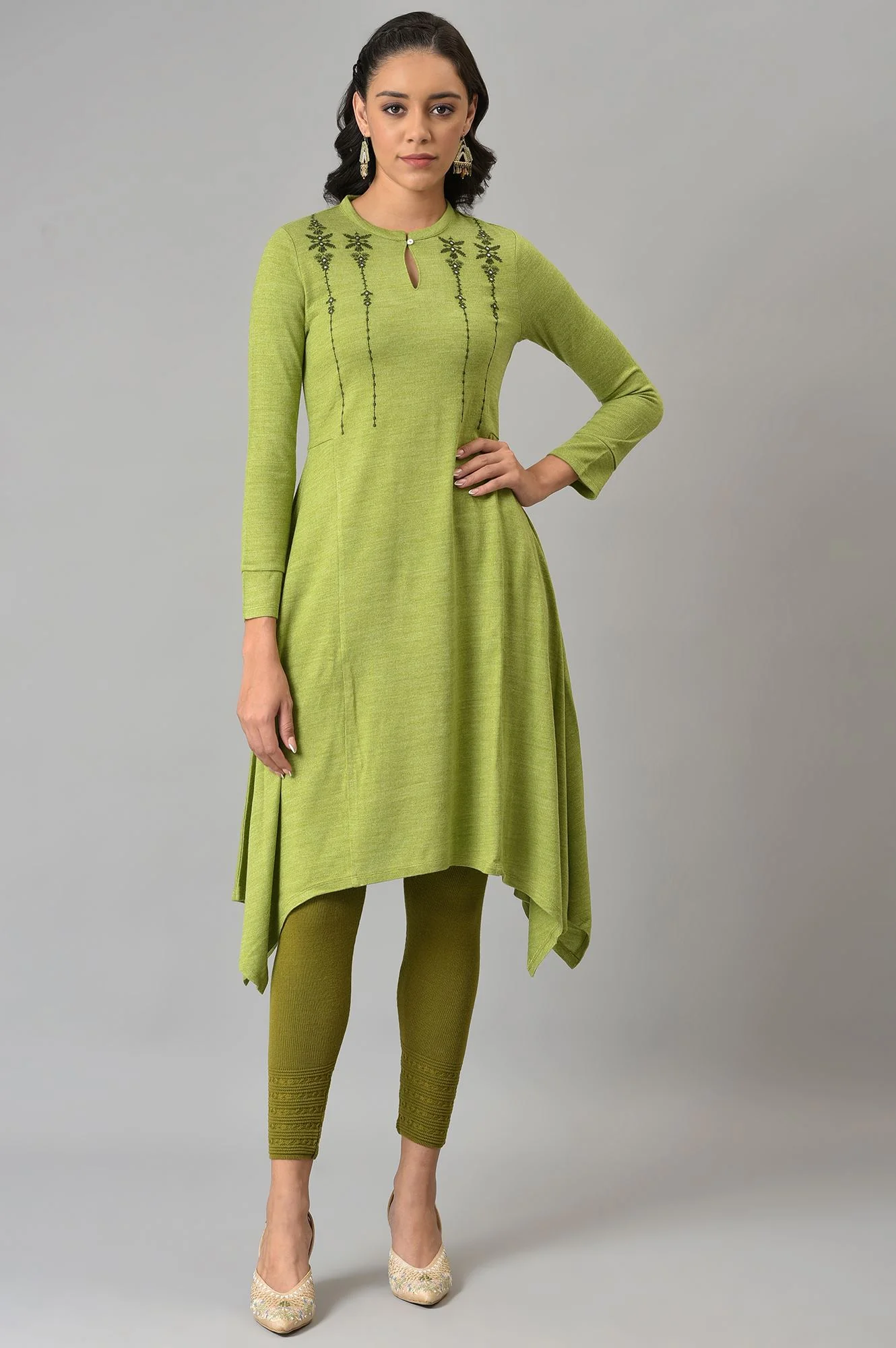 Olive Knitted Winter Leggings With Pintucks - Image 5