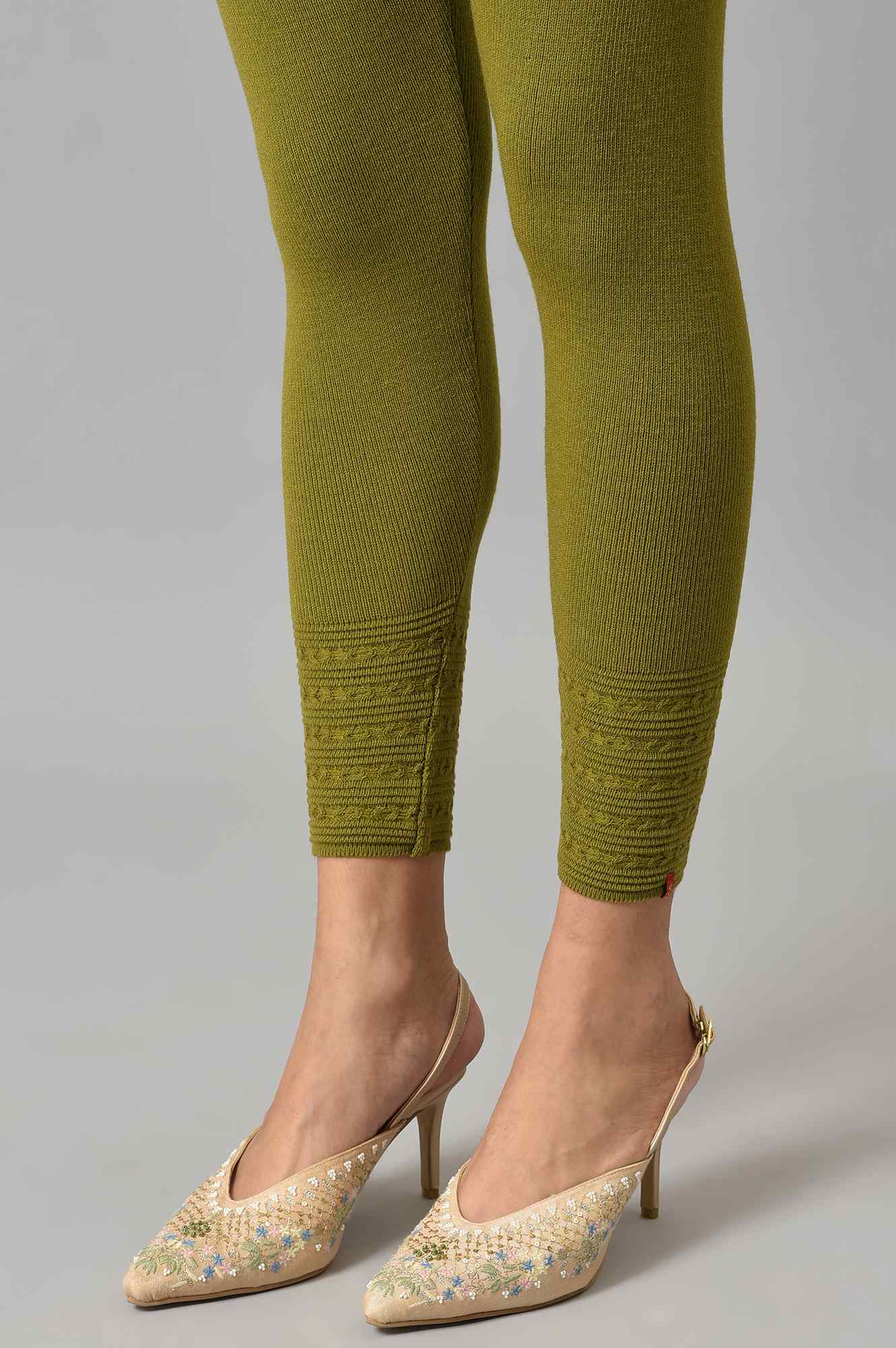 Olive Knitted Winter Leggings With Pintucks - Image 8
