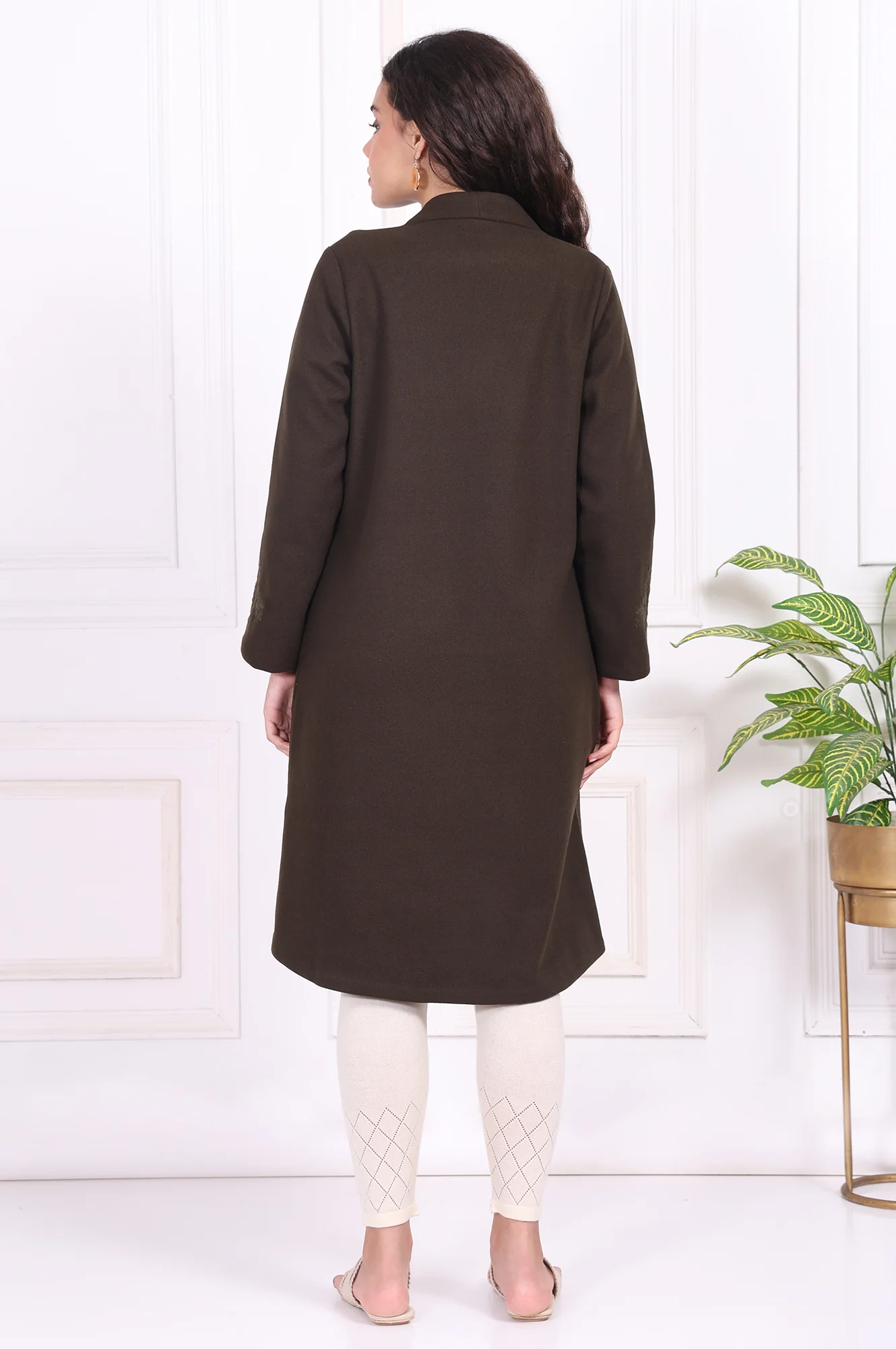Olive Solid Embroidered Straight Coat - Image 4