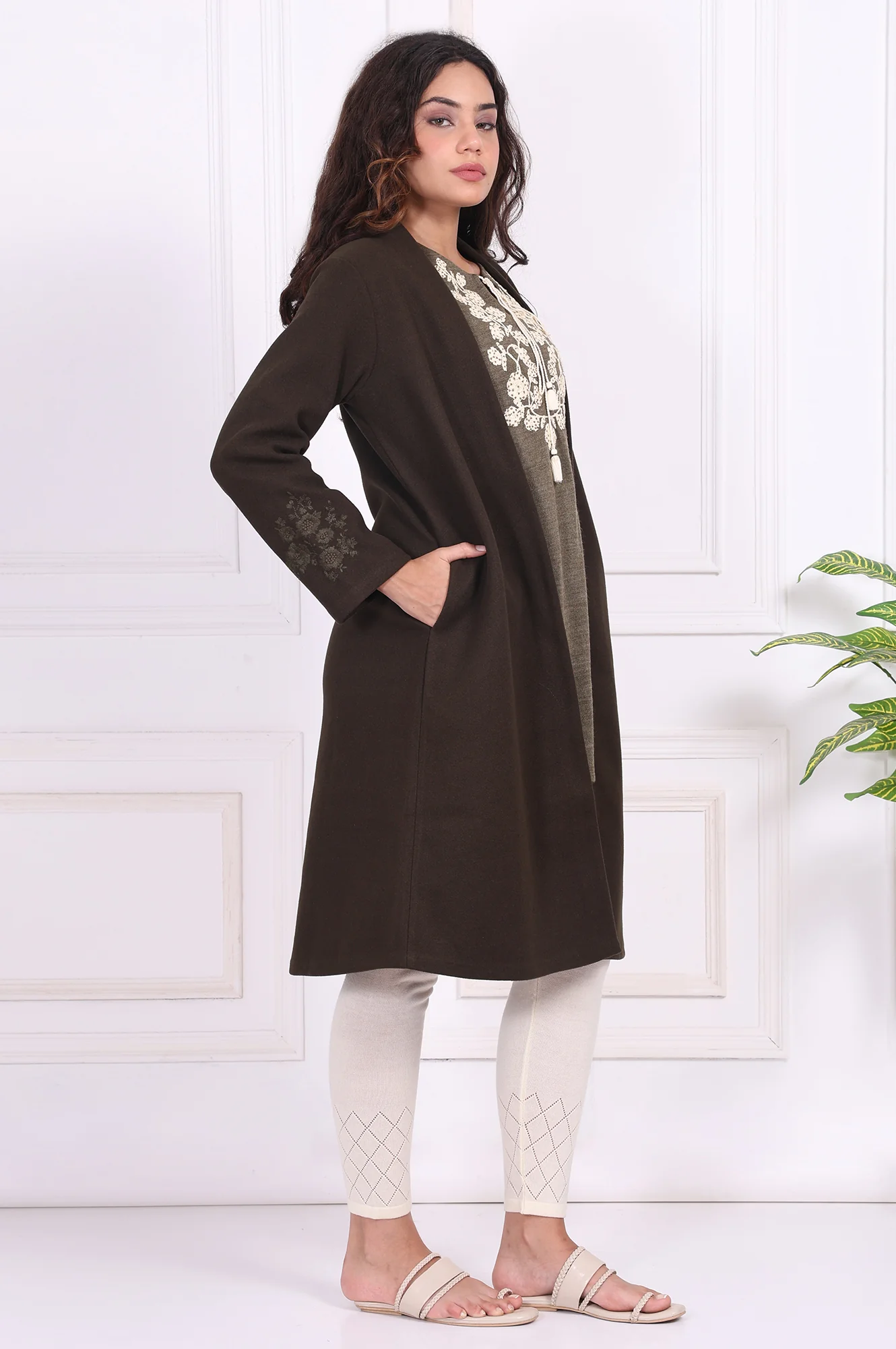 Olive Solid Embroidered Straight Coat - Image 5