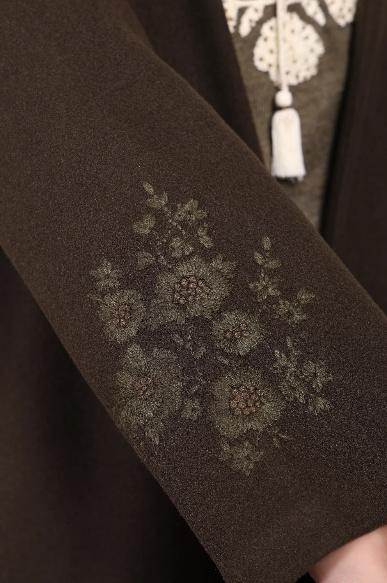 Olive Solid Embroidered Straight Coat - Image 6