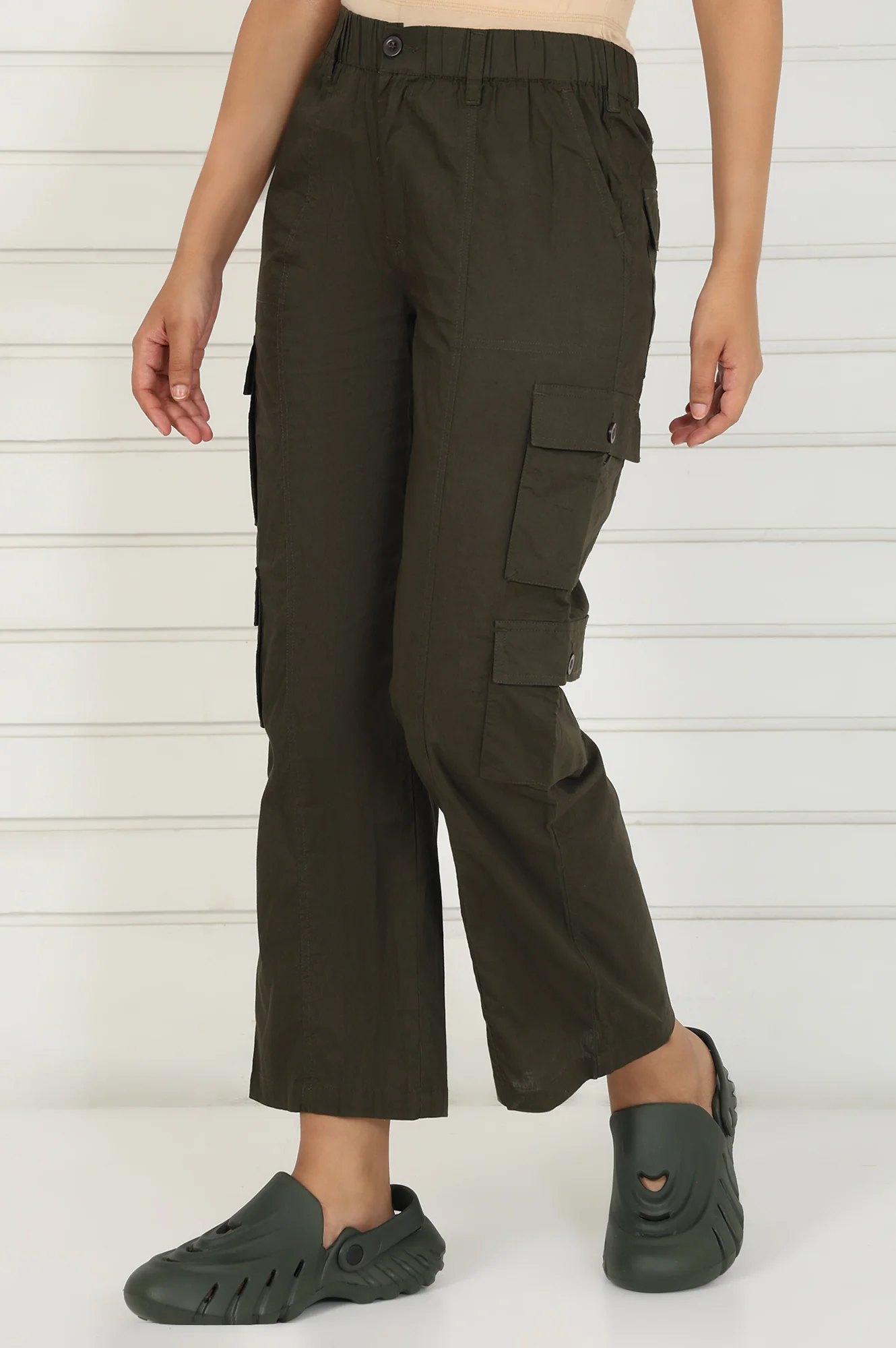Olive Solid Pure Cotton Cargo - Image 3