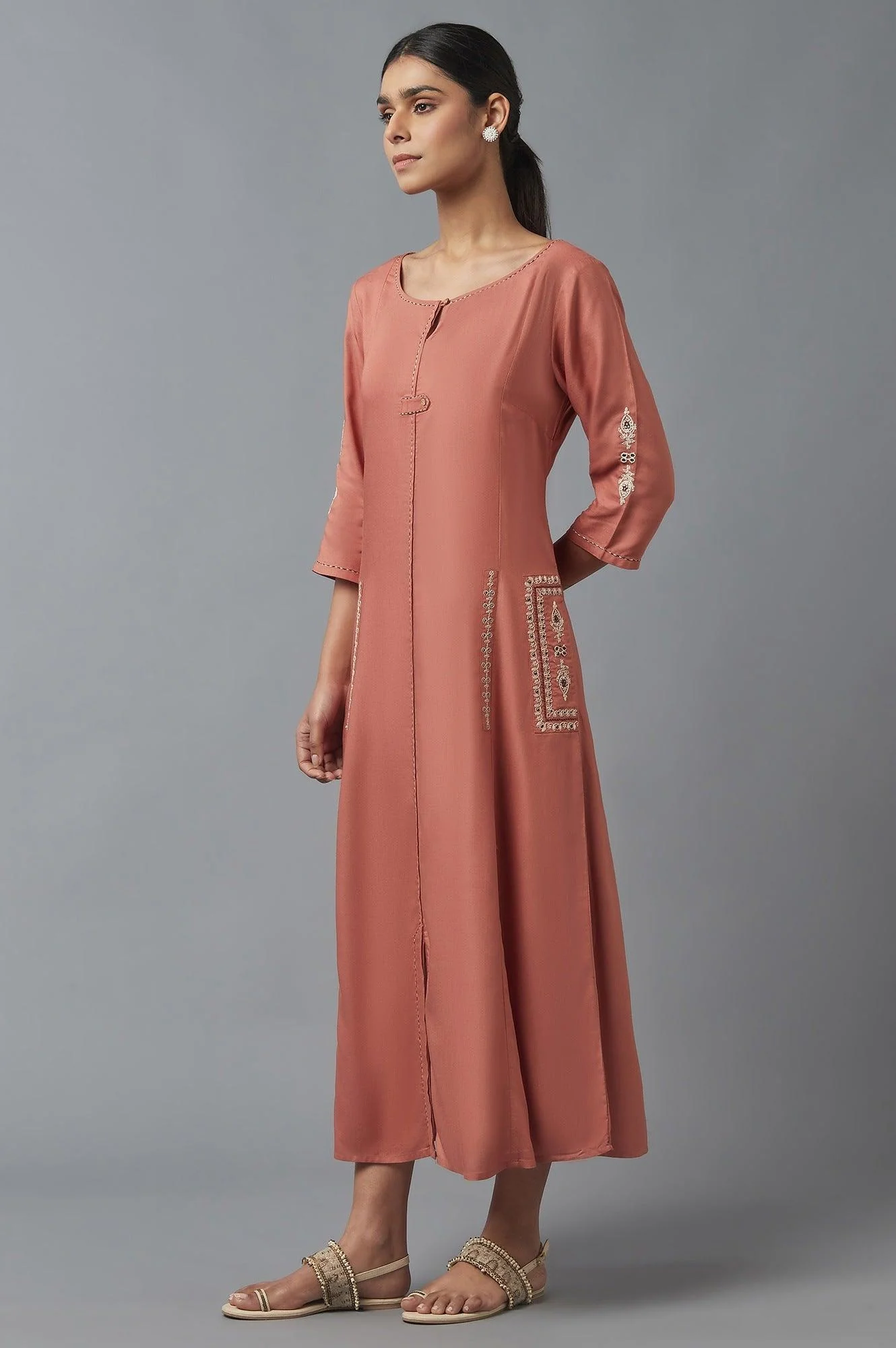 Orange A-line Embroidered Dress - Image 3