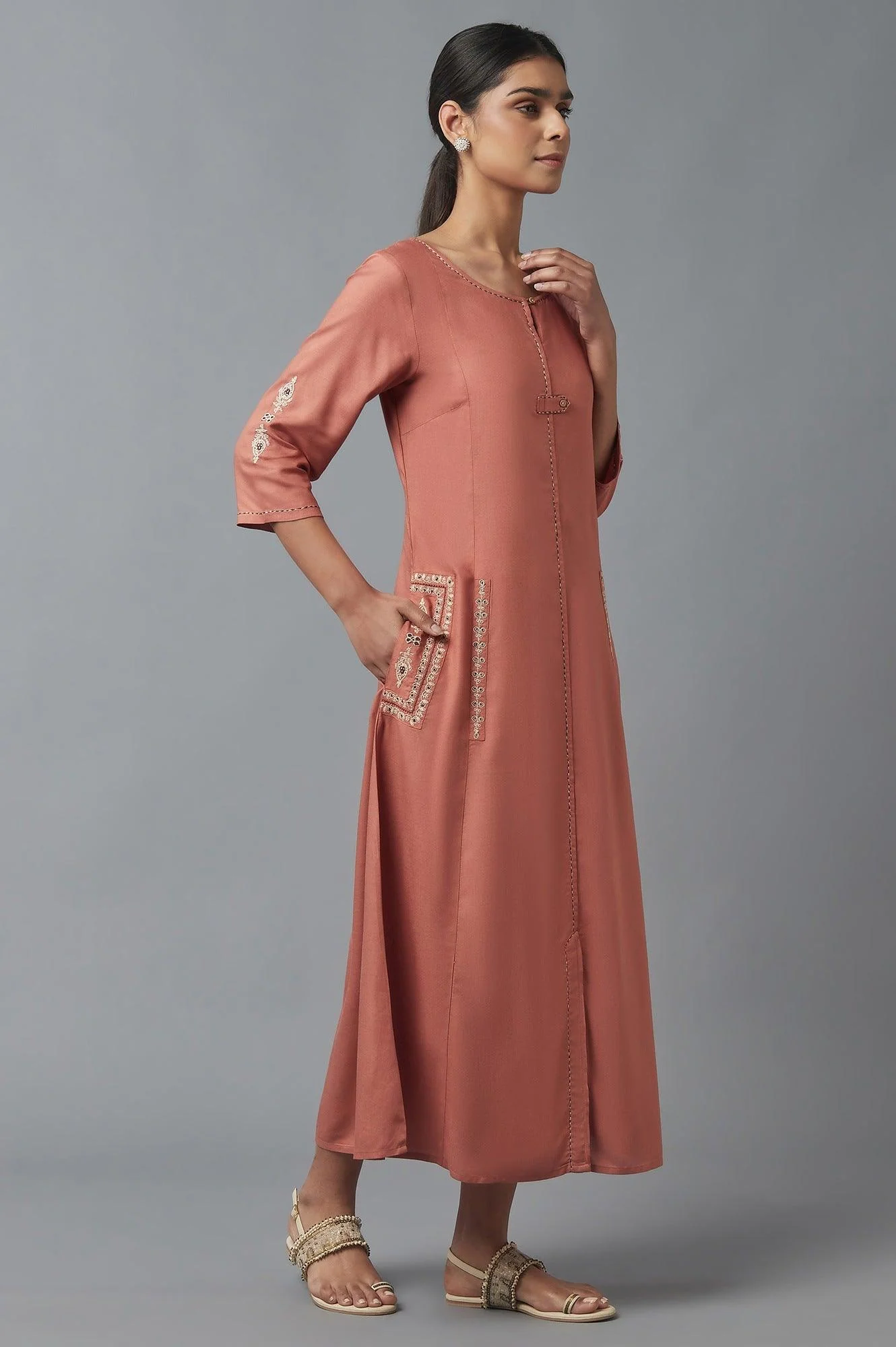 Orange A-line Embroidered Dress - Image 4