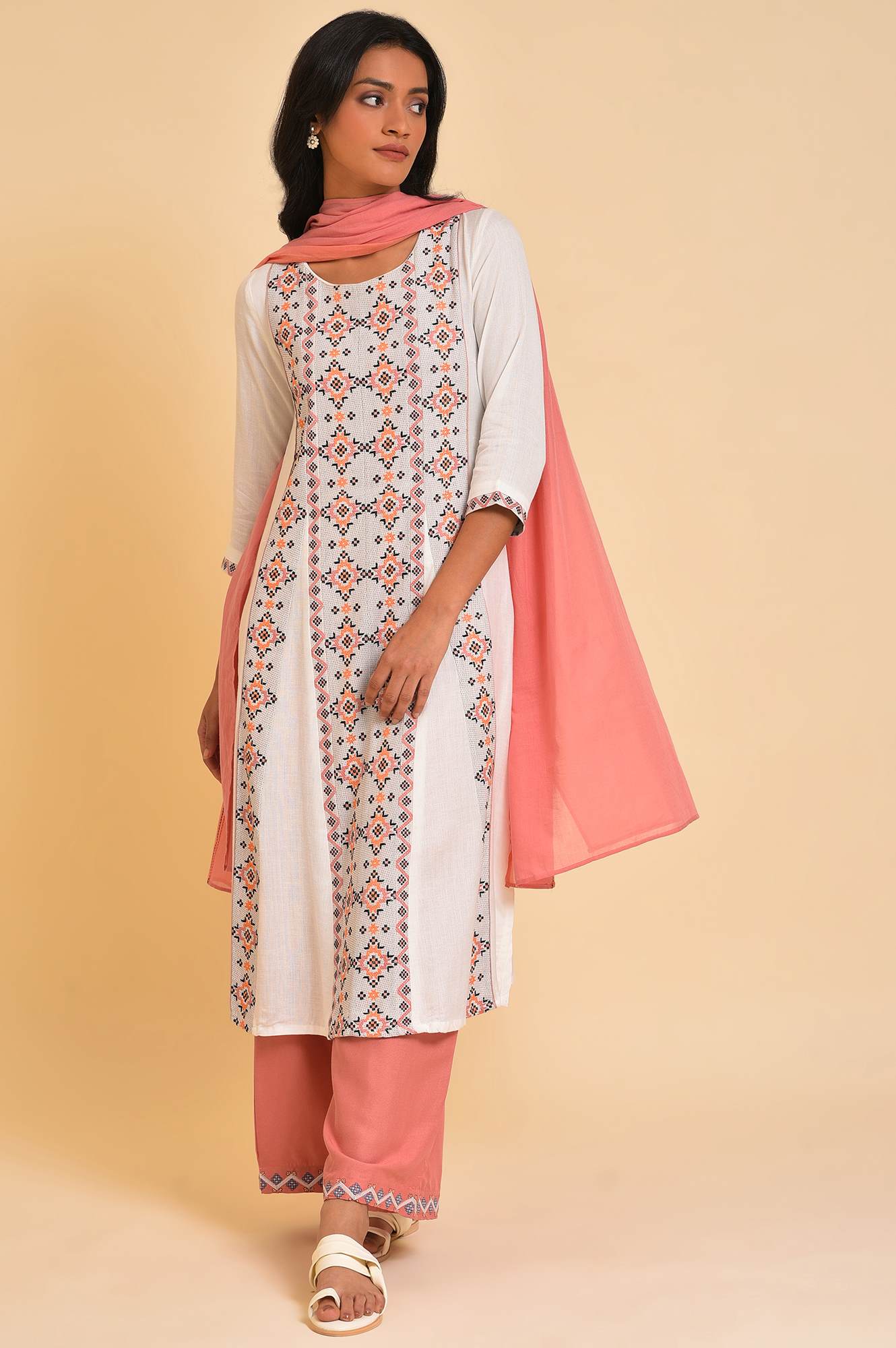 Orange And Pink Colour Block Dupatta - Image 2